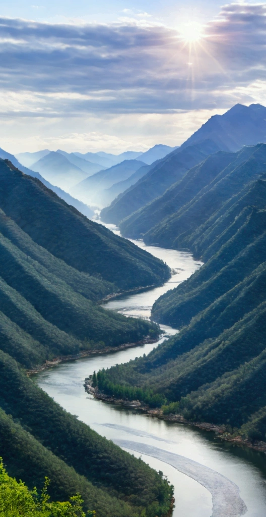 Ancient Chinese scenery, mountains, rivers, auspicious clouds, sunshine, masterpieces, super detail, epic composition, ultra HD, high quality, extremely detailed, official art, unified 8k wallpaper, Super detail, 32k -- v 6