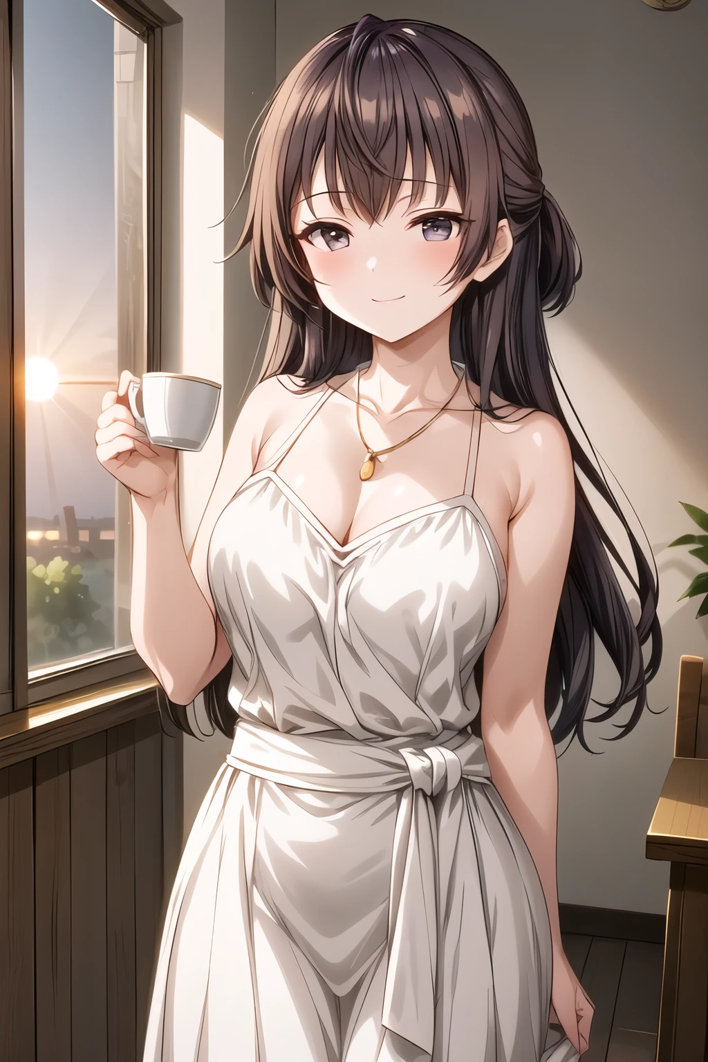 "(Sunrise:1.7), A girl standing gracefully, 22 years old, young woman, with beautiful fingers, a beautiful body, a beautiful nose, perfect eyes, a flawless face, and stunning character design. An anime girl with soft black hair flowing down in loose waves, wearing an elegant, form-fitting white dress that clings to her figure, accentuating her silhouette. The dress has subtle lace details and a soft, elegant flow that complements her graceful stance. She has deep black eyes and a warm, inviting smile, with a slight blush on her cheeks. She is holding a delicate coffee cup in one hand, sipping it gently, while the other hand rests lightly on her waist. A delicate necklace around her neck glimmers softly in the early morning light.

The background features a beautiful sunrise visible through a partially open window, with the first rays of the sun casting a golden glow into the room. The sky transitions from deep blues to warm oranges and pinks, illuminating the scene. The soft morning light gently bathes her figure, creating a serene, peaceful atmosphere. She stands gracefully by the window, enjoying the warmth of the coffee, her figure bathed in the warm glow of the sunrise. The coffee cup adds a touch of intimacy to the scene.

The lighting is perfect, with the early sunlight highlighting her figure and enhancing the delicate details of her dress and accessories. The scene is highly detailed, with vibrant colors, bokeh effects, and soft lens flares to emphasize the dreamy, romantic atmosphere. The final render is in ultra-high resolution (8K, HDR-10), with film grain for added texture. (beautiful_face:1.5), (elegant_white_dress:1.4), (delicate_necklace:1.3), (narrow_waist:1.2), (bokeh:1.2), (sunrise_glow:1.3), (soft_morning_light:1.3), (vibrant_colors:1.2), (ultra_high_resolution:1.0), (film_grain:1.0), (romantic_atmosphere:1.2), (soft_glow:1.3), (coffee_cup:1.2), (standing_pose:1.3), (form_fitting:1.2)"

