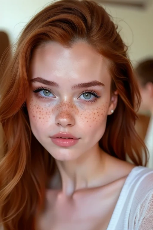 ((best quality)), ((masterpiece)), (detailed), perfect face realistic photo of beautiful woman with long ginger hair, ((aged 18:1. 4)), Russian, influencer, light freckles, dark brown eyes, big lips, no makeup, instagram. 