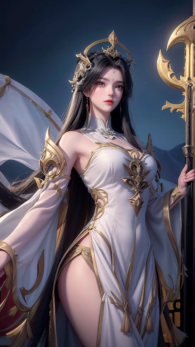 " An enigmatic witch from Perfect World with long dark hair ,  adorned with fox ears and tail , wearing a white costume with intricate gold and black details.  She wields a magic staff decorated with draconic ornaments and a brilliant jewel . Her gaze expresses power and confidence ,  while the dynamic posture suggests an enchantment in action .  The background includes a village with traditional Chinese architecture and red lanterns floating in the wind, Creating a magical and immersive atmosphere."