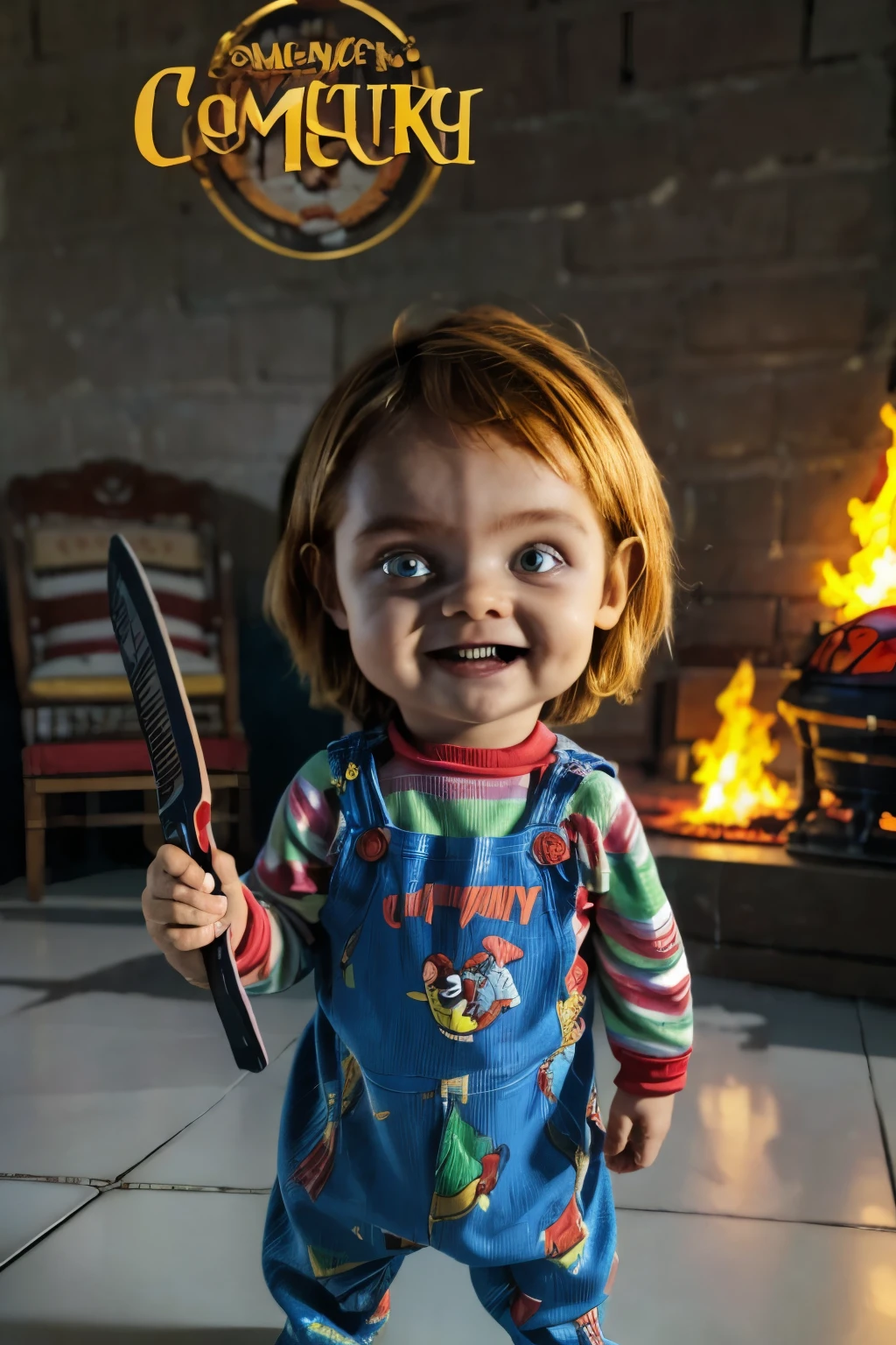 ((( Comic ART, Cartoon style))). Master piece, best quality, 4K, ((cinematic lighting)). Create a scene featuring a  boy , ***, dressed as the character Chucky from the ''s Play' movie series. He is standing, looking at the viewer with an evil expression, holding a machete. Make it realistic and highly detailed. ((Burning farmhouse Background)).