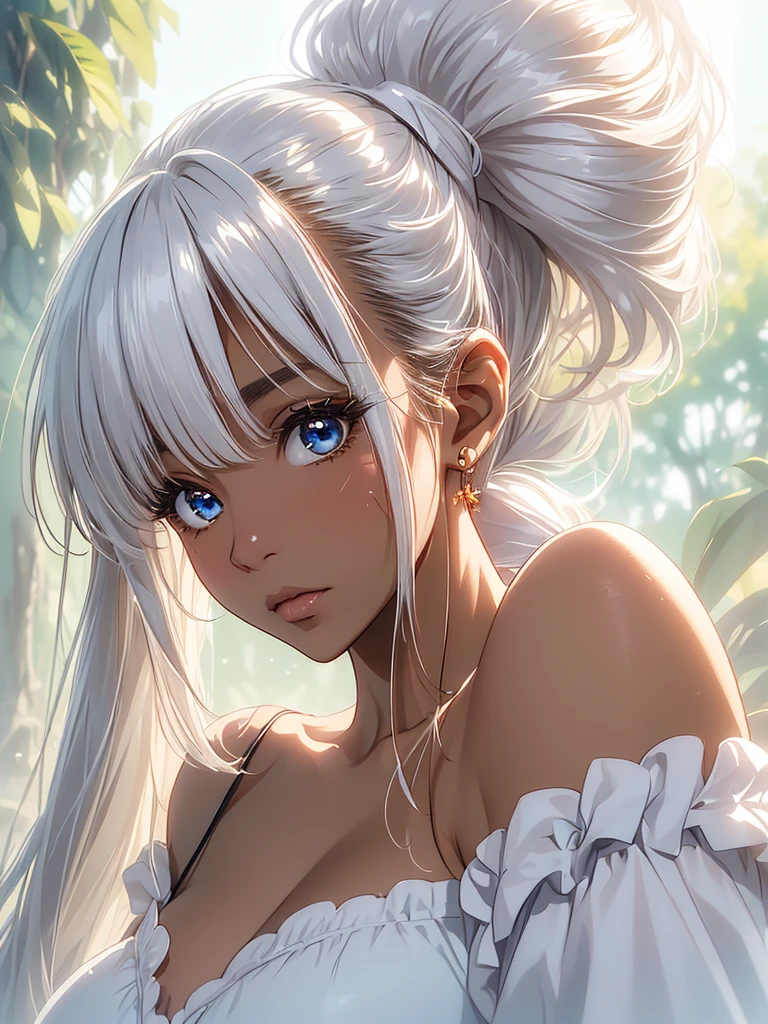 (best quality, ultra-detailed, photorealistic: 1.39), bright and vibrant colors, studio lighting, romantic expression, An effeminate Wolf-Girl, with a delicate and beautiful face. She is a girl who reflects seductive beauty, sparkling red eyes, extremely beautiful Wolf-Girl, perfect lips in a soft smile , Wolf-Girl, fuzzy, snow-white hair, fuzzy hair,She has beautiful small breasts, beautiful white dress, dress with straps, ruffles on the dress, voluminous fabric, in the garden at home, garden