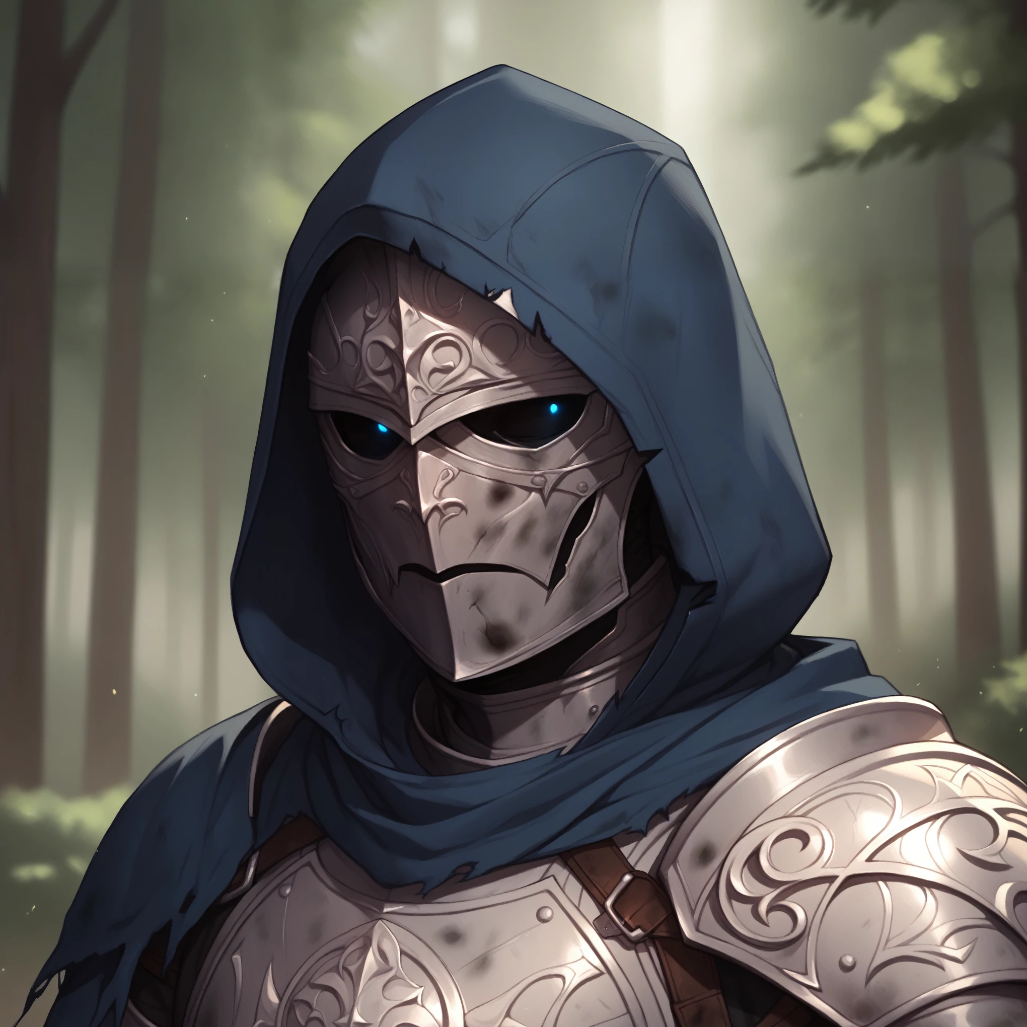 (((beautiful, high quality))), score_9, score_8_up, score_7_up, BREAK, arm0rs3nt1n3l, templar, solo, looking at viewer, 1boy, blue glowing eyes, black sclera, holding, standing, upper body, belt, hood, cape, armor, torn clothes, helmet, hood up, pauldrons, sheathed, breastplate, knight, full armor, dirty, dusty, solo, portrait, upper body, portrait, forest background, fantasy, blurred background, Expressiveh, detailxl