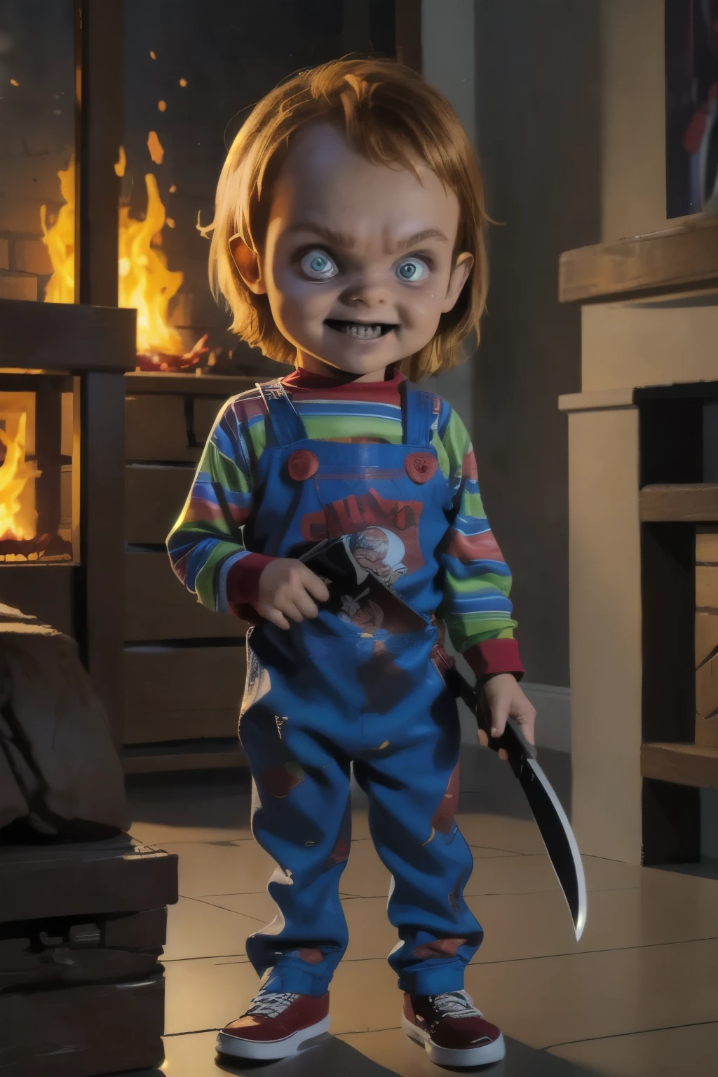 ((( Comic ART, Cartoon style))). Master piece, best quality, 4K, ((cinematic lighting)). Create a scene featuring a  boy  aged, ***, dressed as the character Chucky from the ''s Play' movie series. He is standing, looking at the viewer with an evil expression, holding a machete. Make it realistic and highly detailed. ((Burning farmhouse Background)).