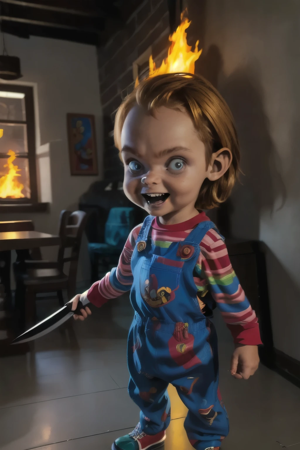 ((( Comic ART, Cartoon style))). Master piece, best quality, 4K, ((cinematic lighting)). Create a scene featuring a  boy  aged, ***, dressed as the character Chucky from the ''s Play' movie series. He is standing, looking at the viewer with an evil expression, holding a machete. Make it realistic and highly detailed. ((Burning farmhouse Background)).