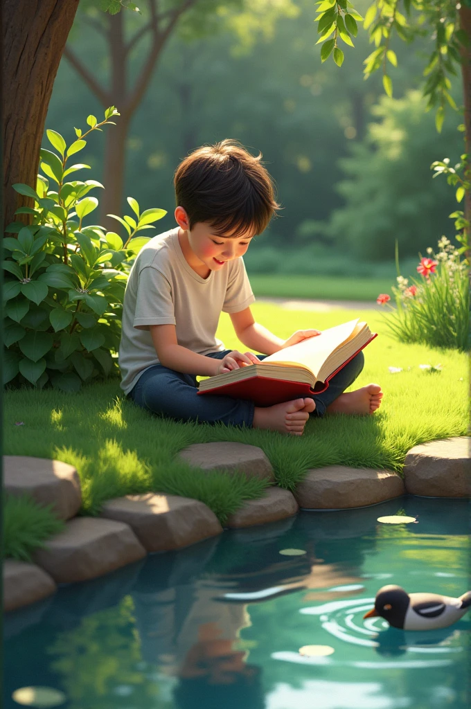 A boy reading a book, book cover: Freddy's Garden