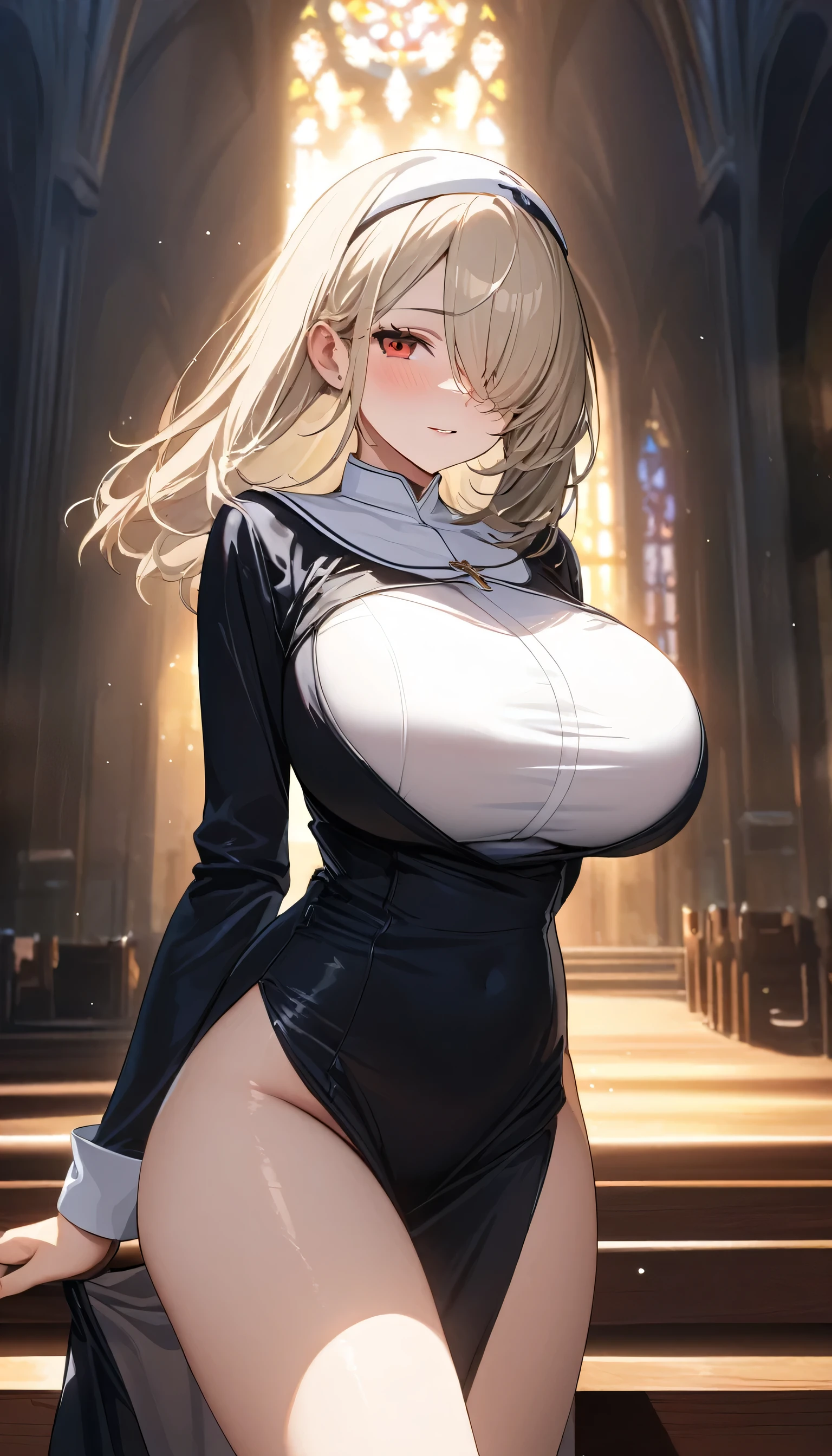 Erotic Anime Illustration、Highest image quality、A plump bitch priest who sells flattery、big temple、perfect proportions、Beautiful sparkling eyes、Overwhelmingly big breasts beyond the norm、cowboy shot、big areola、blush and smile、sweating、Exposing Vagina