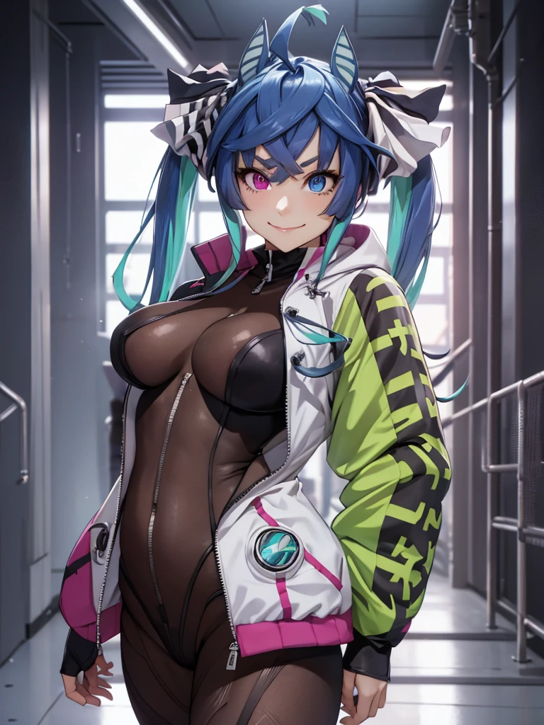 (​masterpiece, top-quality, hight resolution, Unity 8k, extremely details CG:1, Best Picture), (upper body, Big breasts), ((((bodystocking)))), ((open jacket)), korotsuke style, Twin_Turbo_Umamusume, aqua hair, twintails, heterochromia, purple eyes, blue eyes, sharp teeth, Prostitute wearing only body stockings and jacket. She opens her own jacket and seduces herself, showing off her body stockings and attractive limbs. evil smile, from front