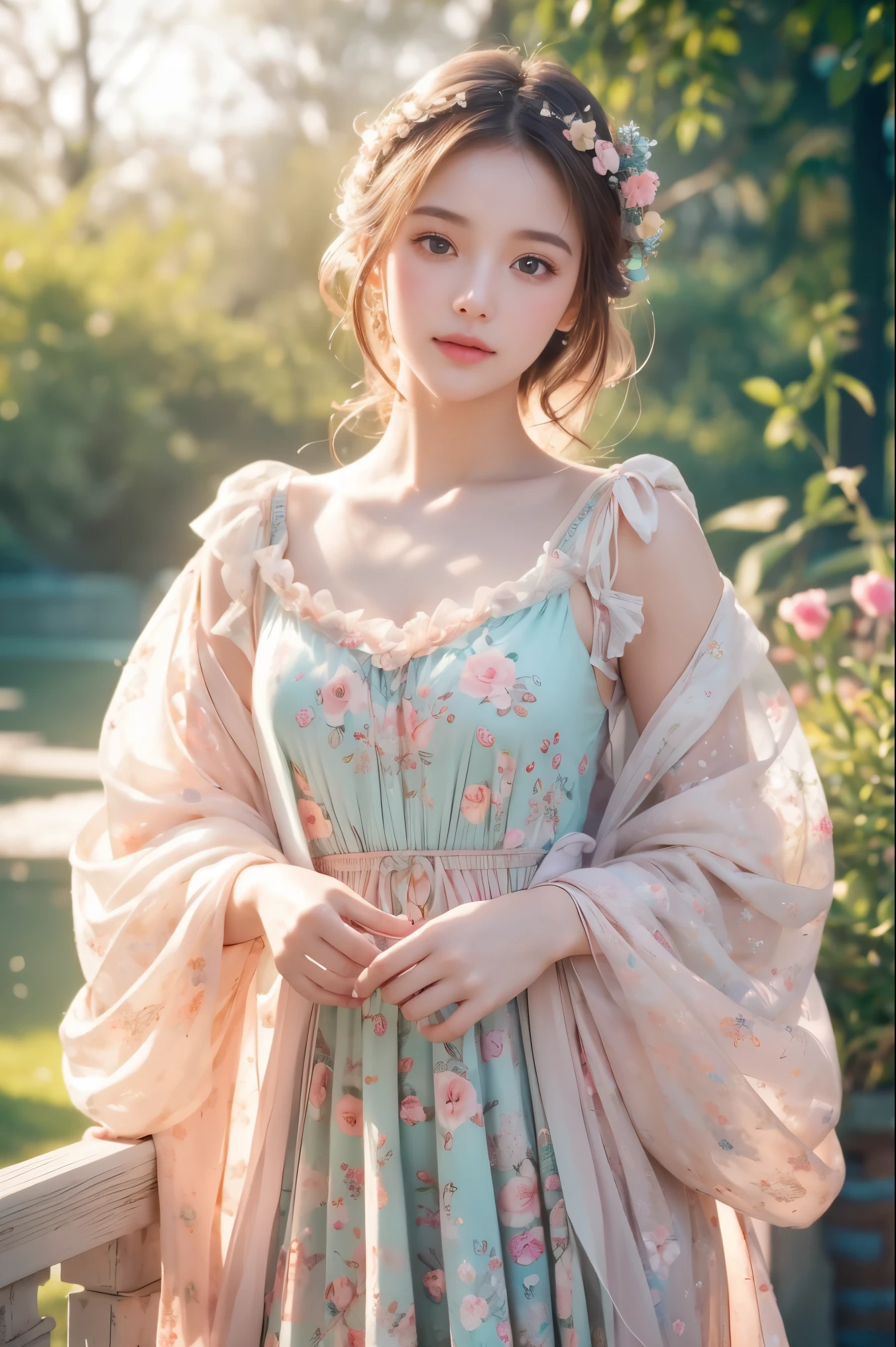 1 girl，Beautiful and moving，  floral pattern， glowing skin， charming gaze， Decorative clothing， natural lighting， shallow view deep， romantic environment， dreamy pastel color palette， Whimsical details， Capture on film，(8k, original photo:1.2), best quality, ultra high resolution，CG unity 8k wallpaper，masterpiece，best quality，Super detailed