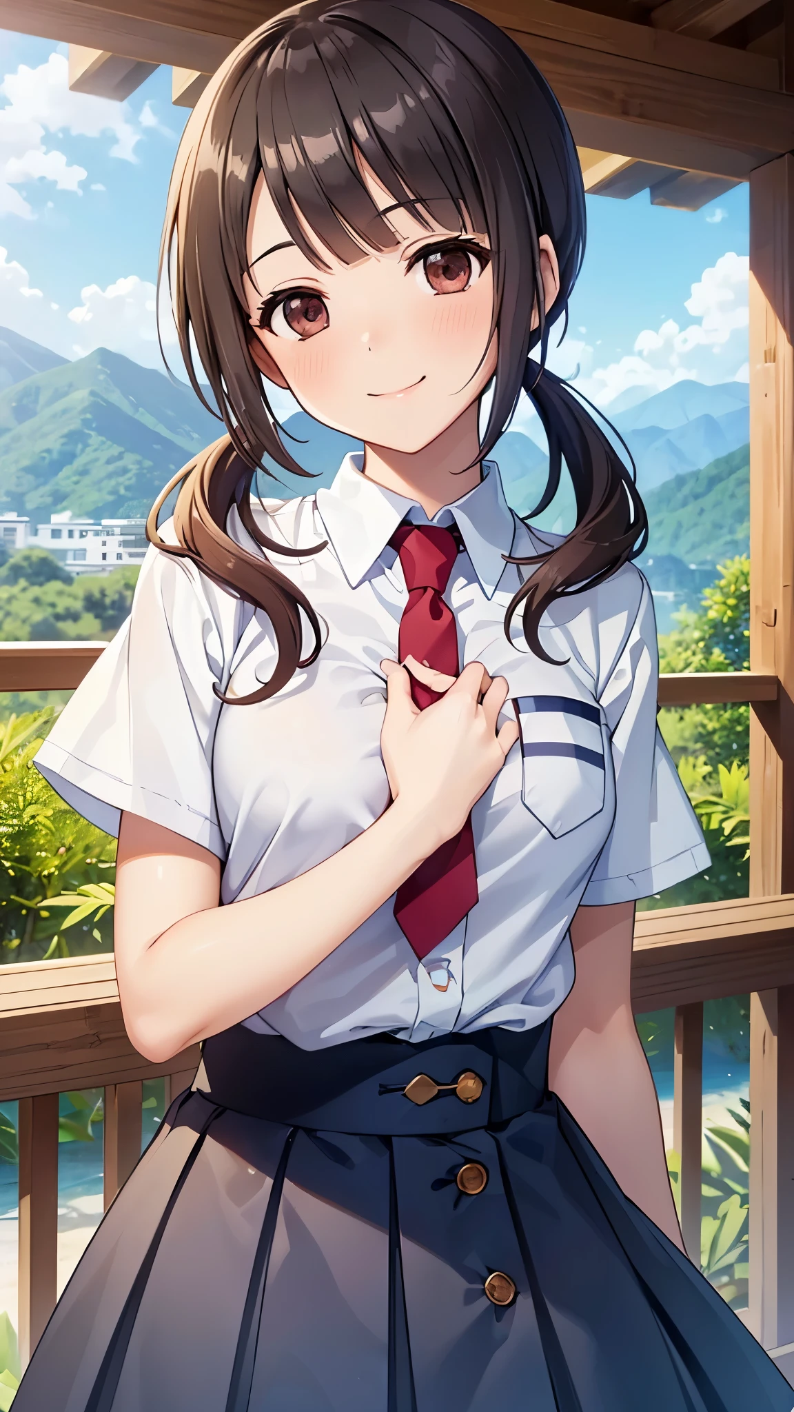 (16k, super high definition,Best Quality,masterpiece, several people having fun with each other while having very detailed ,Extremely clear CG),okitasawa, low twintails,white shirt, short sleeves, red necktie, blue skirt, red cheeks , several people having fun with each other while having very detailed 顔の特徴, Beautiful and perfect face:, ((Open your mouth and say happy smile:1.3)),Summer beach in the evening,((upper body Shot:1.3)),Bamboo forest in the mountains, looking at camera, frontal angle , Place your right hand on your chest ,Close your eyes and smile,Open your mouth