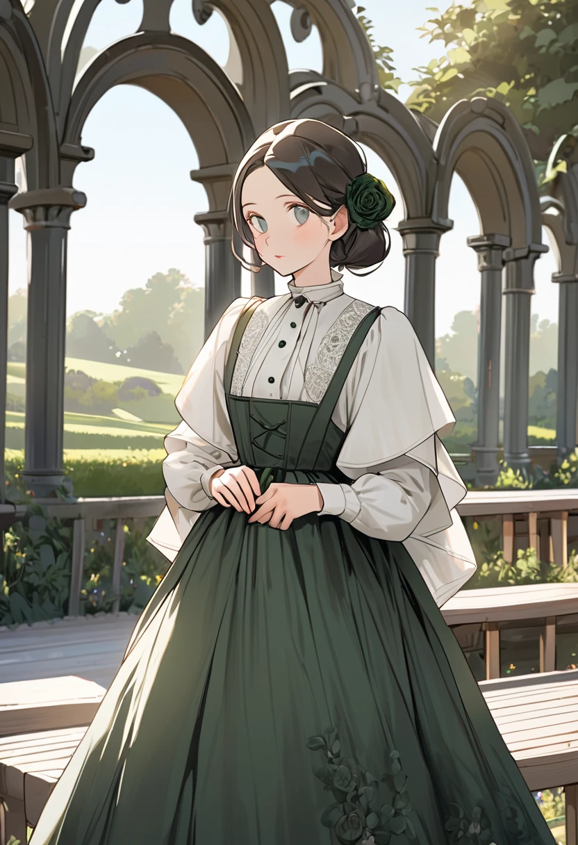 (masterpiece), best quality, expressive eyes, perfect face,A young woman wearing a vintage-inspired outfit stands gracefully outdoors, She is dressed in a long, dark green velvet dress with intricate white floral embroidery along the hem, giving it a delicate, classic look, The dress has a high neckline with a white lace collar, adorned with green buttons down the front, and long ivory sleeves that contrast elegantly with the deep green fabric, Her hands hold a bouquet of white roses, adding a romantic touch, In the background, there is a stone balustrade and a wooden bench, suggesting an old-fashioned, peaceful setting bathed in soft daylight, The overall atmosphere is serene and timeless, capturing the essence of a bygone era with a touch of elegance and romance.