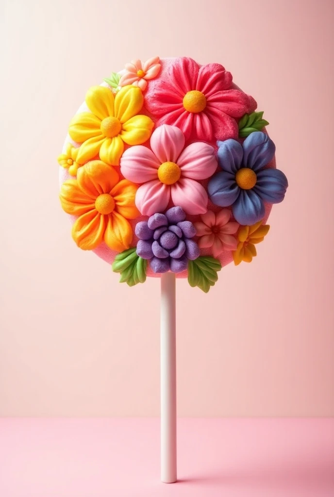 Colourful Hard candy lolipop in shape of intricate different flowers with light background 