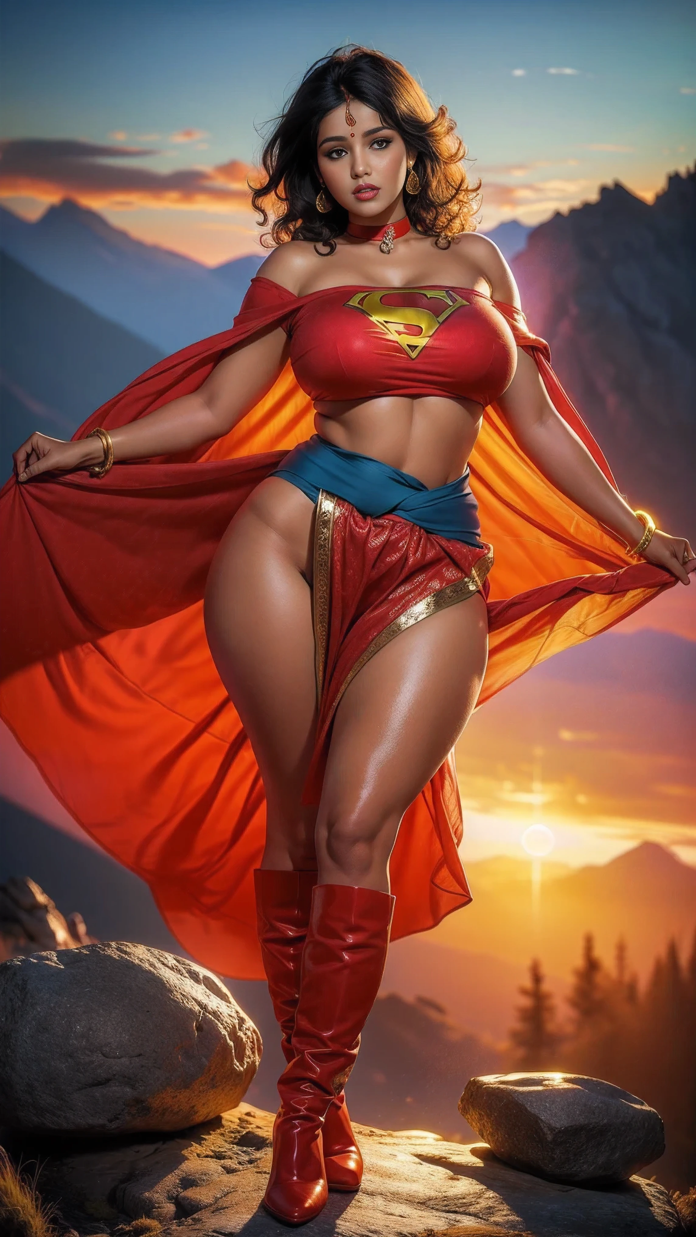 (Busty muscular brute cute Lady Gaga), huge strong biceps volume, huge firm breasts volume, enormous tits volume, strong tonned exposed abs, muscular strong legs, bodybuilder muscles bursting in strength, long wavy curly hair, subtle smile, exposed abs skin, city destruction fire background, fully naked under superheroine cape