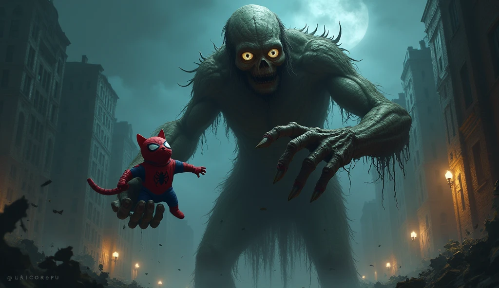 "A superhero resembling Spiderman, dressed in a red and blue suit with web patterns, is fiercely battling against monstrous demons in a dark, eerie urban setting. His girlfriend, wearing a simple dress, watches from a nearby rooftop, looking worried but hopeful. The demons are towering, grotesque creatures with menacing claws, sharp teeth, and glowing eyes. The city around them is shrouded in shadows, with broken buildings and flickering streetlights, adding to the intense, dramatic atmosphere. The hero is mid-action, using his web-slinging abilities to dodge attacks and protect his girlfriend."