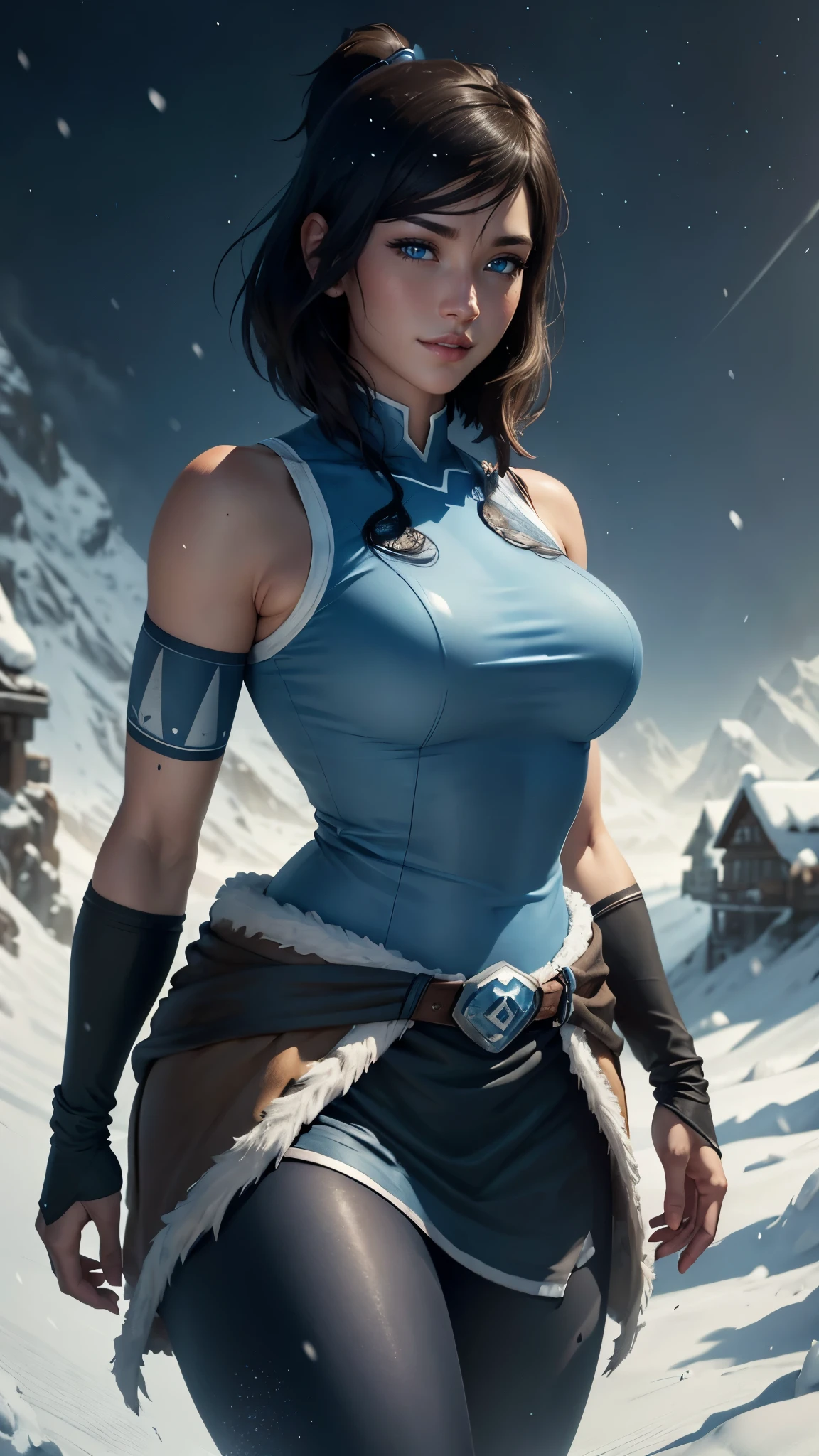 Korra da avatar,(best quality, 4K,8k,high resolution,work of art:1.2)(weather: snowing), tundra background, winter village, wide hips, short straight hair, brown hair, freckles, sleeveless tribal top, winter belt, tight leggings, winter boots, elbow long gloves, light makeup, dark eyeshadow, blush, sexy pose, glowing eyes, ultra detailed,portrait,realistic,beautiful detailed blue eyes, beautiful detailed lips,extremely detailed eye and face, long eyelashes,average, large breasts,flying hair,beaming smile, sexy smile, powerful girl, bright coloured, dramatic lighting,