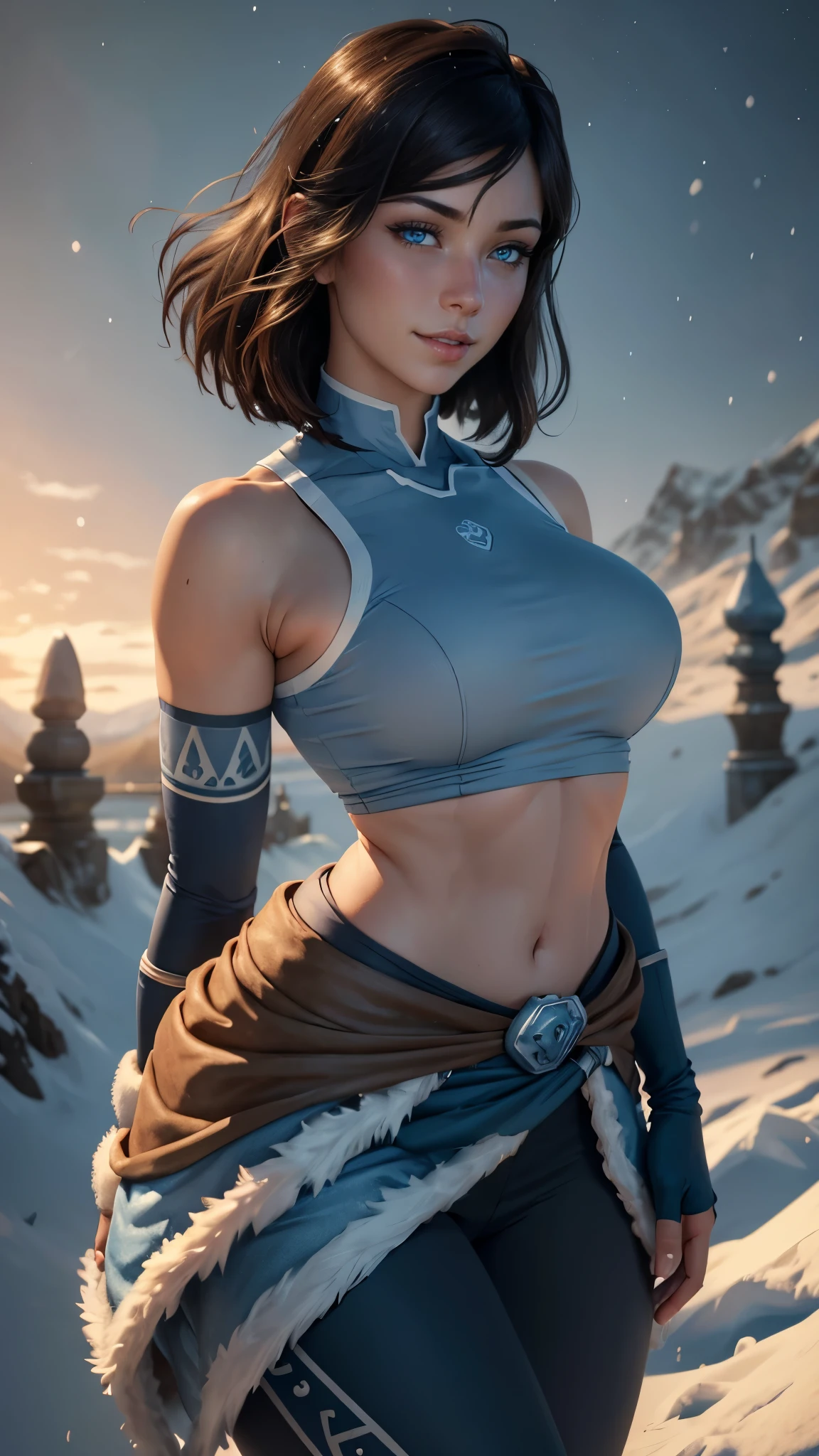 Korra da avatar,(best quality, 4K,8k,high resolution,work of art:1.2)(weather: snowing), tundra background, winter village, wide hips, short straight hair, brown hair, freckles, sleeveless tribal top, winter belt, tight leggings, winter boots, elbow long gloves, light makeup, dark eyeshadow, blush, sexy pose, glowing eyes, ultra detailed,portrait,realistic,beautiful detailed blue eyes, beautiful detailed lips,extremely detailed eye and face, long eyelashes,average, large breasts,flying hair,beaming smile, sexy smile, powerful girl, bright coloured, dramatic lighting,