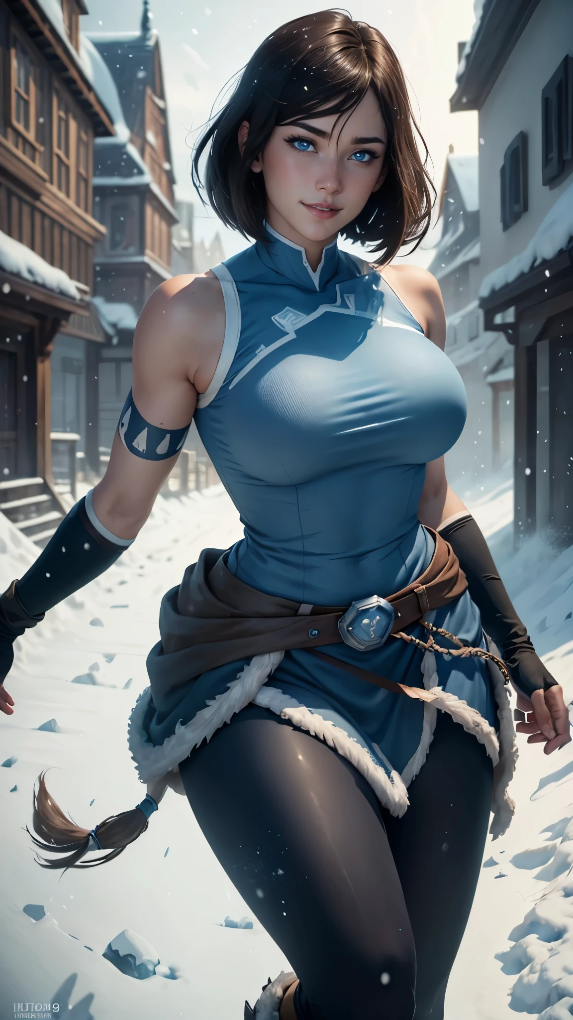 Korra da avatar,(best quality, 4K,8k,high resolution,work of art:1.2)(weather: snowing), tundra background, winter village, wide hips, short straight hair, brown hair, freckles, sleeveless tribal top, winter belt, tight leggings, winter boots, elbow long gloves, light makeup, dark eyeshadow, blush, sexy pose, glowing eyes, ultra detailed,portrait,realistic,beautiful detailed blue eyes, beautiful detailed lips,extremely detailed eye and face, long eyelashes,average, large breasts,flying hair,beaming smile, sexy smile, powerful girl, bright coloured, dramatic lighting,