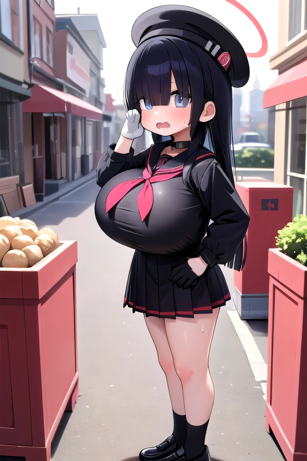  a very young girl ， short stature ， toddler figure ，Translator，halo，Hair in the eyes，Black Hair，Long Hair，beret， BLACK SAILOR SUIT ， Black Shirt ， long sleeve ， black miniskirt，Pet Collars， black gloves ，Black socks，black shoes，Outdoor，cityscape，sweat，Wavy Mouth，My cheeks on my hands， is standing， with a playful gesture ，(( very huge breasts))，