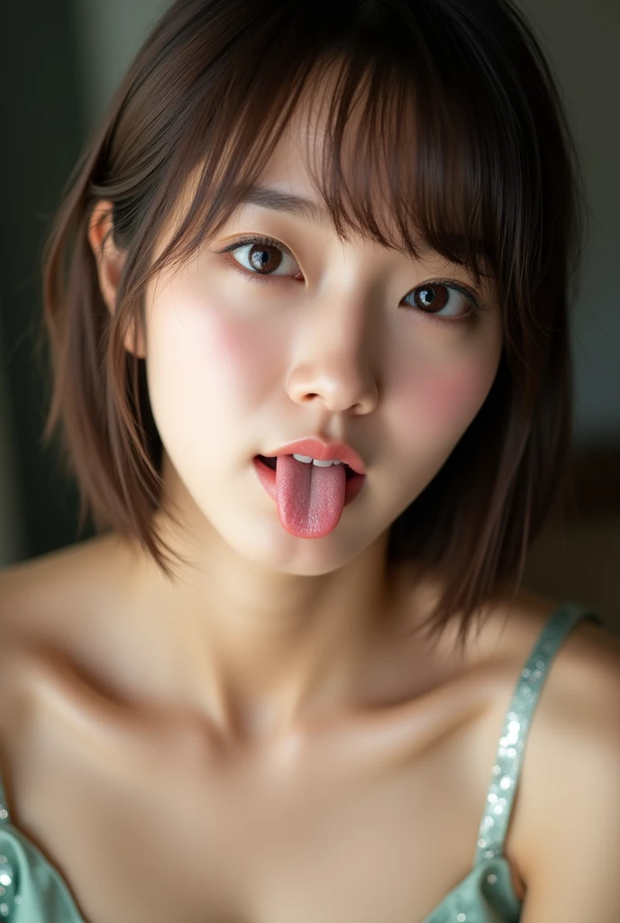   Picture of a woman's face   、(    SHARP CONCENTRATION   ), From below, (    kneel and look up   :1.10), (( mouth:1.6)), (   please stick out your tongue:1.8), (Ultra-detailed beautiful faces:1.10), (   Beautiful slim body with super attention to detail   :1.9), Age 30, (    Beautiful Japanese beauty idol with attention to detail   :1.7), (   troubled face:1.3), Woman in the center of the image, break,    photorealistic ,   hyperrealism ,   Portrait of a young and lovely Japanese woman  ,   Japanese facial features  ,    Young and cute skinny oriental face  ,    bust up shot, 可愛いの顔Age 30アイドル,    Beautiful Japanese Girl Face ,   Japanese facial features  ,    Adorable Looks Wearing A Shiny Rubber Spandex Swimsuit    , (  Pale Green Sparkling Evening Dress    :1.5), 　Brown Hair　 short hair