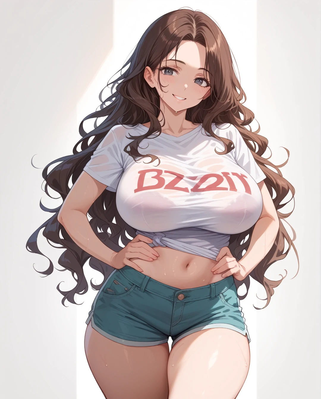 ((Best Quality))), (detailed), 8k, sexy , cute nose, huge breasts ,Visible curves, Wide hips, fit body, Realistic, thighs, Standing, sweaty, steamy, seducing, thick, lazy eyes, Huge ass, NTR game, Brunette, wavy hair, Milf, Provocative smile, tight t-shirt, shorts, hand on waist, white background