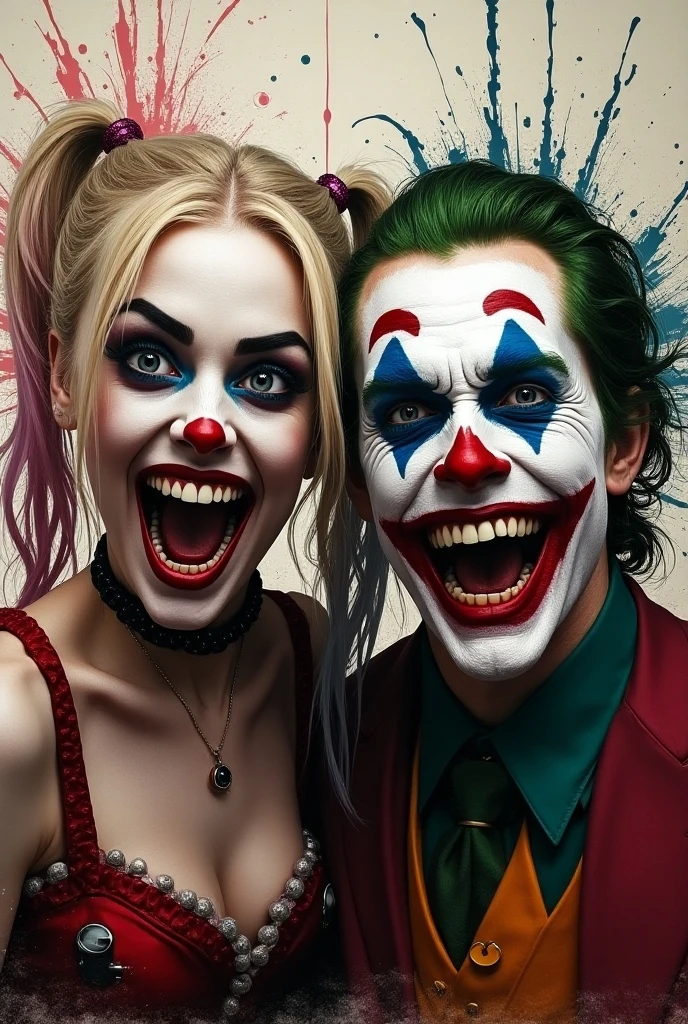 Digital illustration featuring two characters with stylized, anatomically correct facial features in a hyperrealistic style. The joker character on the left has vibrant green hair, fair skin, and a wide, sinister smile with prominent teeth. The Harley Quinn character on the right has a flawless white face, black eye mask, and wears a intricately detailed red and black jester outfit with a red hood. Both characters are leaning over, touching their foreheads and forming a heart shape with their hands, which are dripping with blood. Playing cards are scattered around them, adding a dynamic element to the composition. The dark background is richly textured, enhancing the dramatic and intense atmosphere of the scene. The image has a 4K, award-winning quality with strong colors, sharp contrasts, and intricate details. In the corner, subtly integrated, is the artist's signature `ig´.
