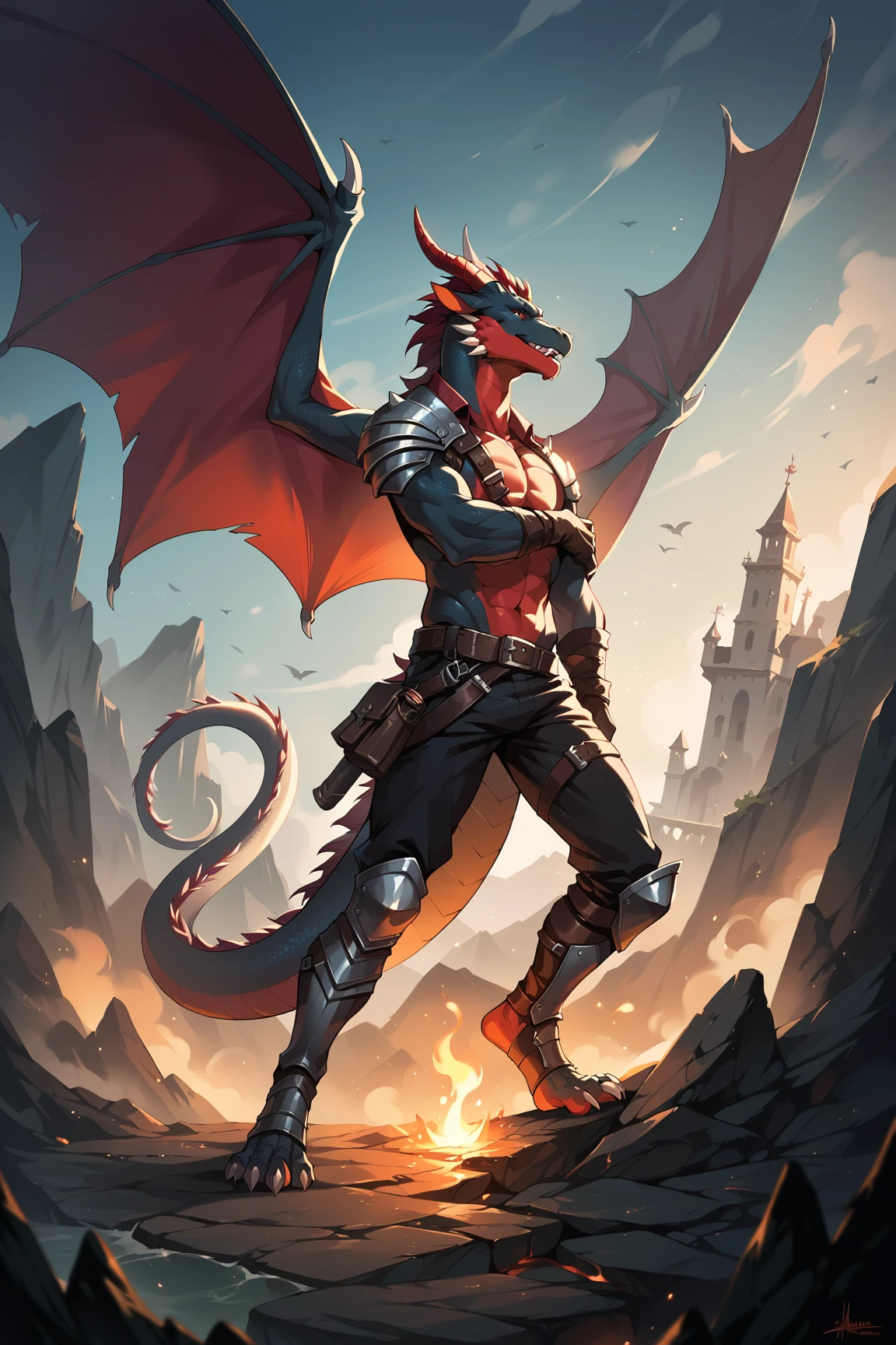 cephalopod, vivid red-orange and yellow scaled tentacles, black dragon wings, red dragon tail, green crest, silver horns, king of demons, masterpiece, Best Quality