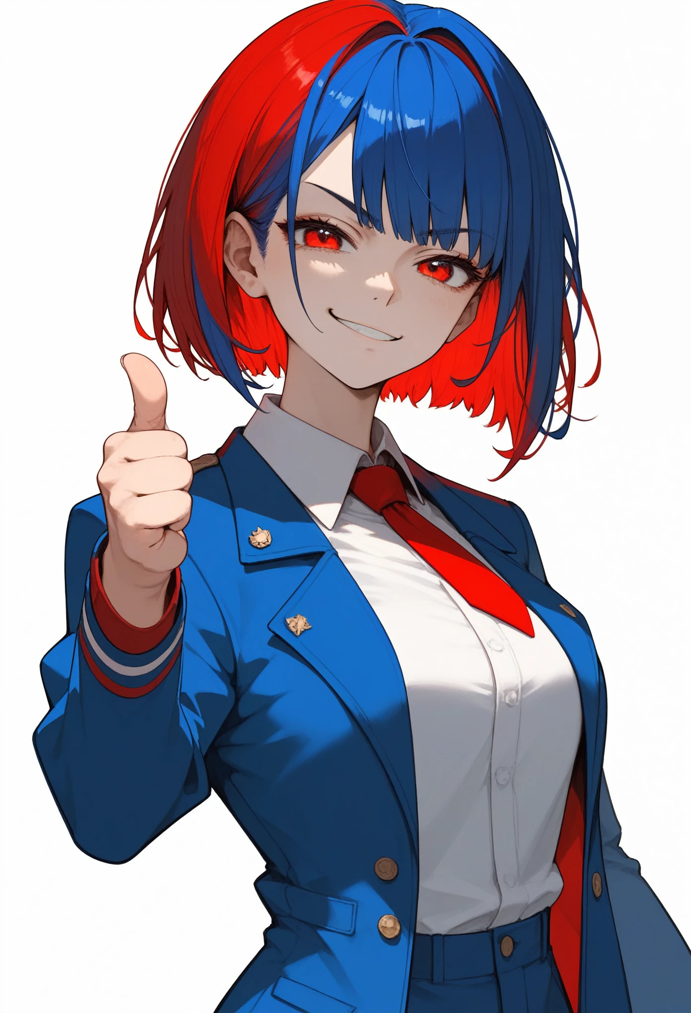 Masterpiece, best quality, anime, beautiful, 1girl, reverse Bob cut, short hair, dark blue hair, inner coloured hair, (inner red hair), red eyes, suit jacket, dark blue jacket, red tie, white shirt, collared shirt, single thumbs up, smirk, bored, white background, simple background, unaestheticXL_bp5, (score_9,score_8_up,score_7_up,score_6_up,score_5_up,score_4_up)