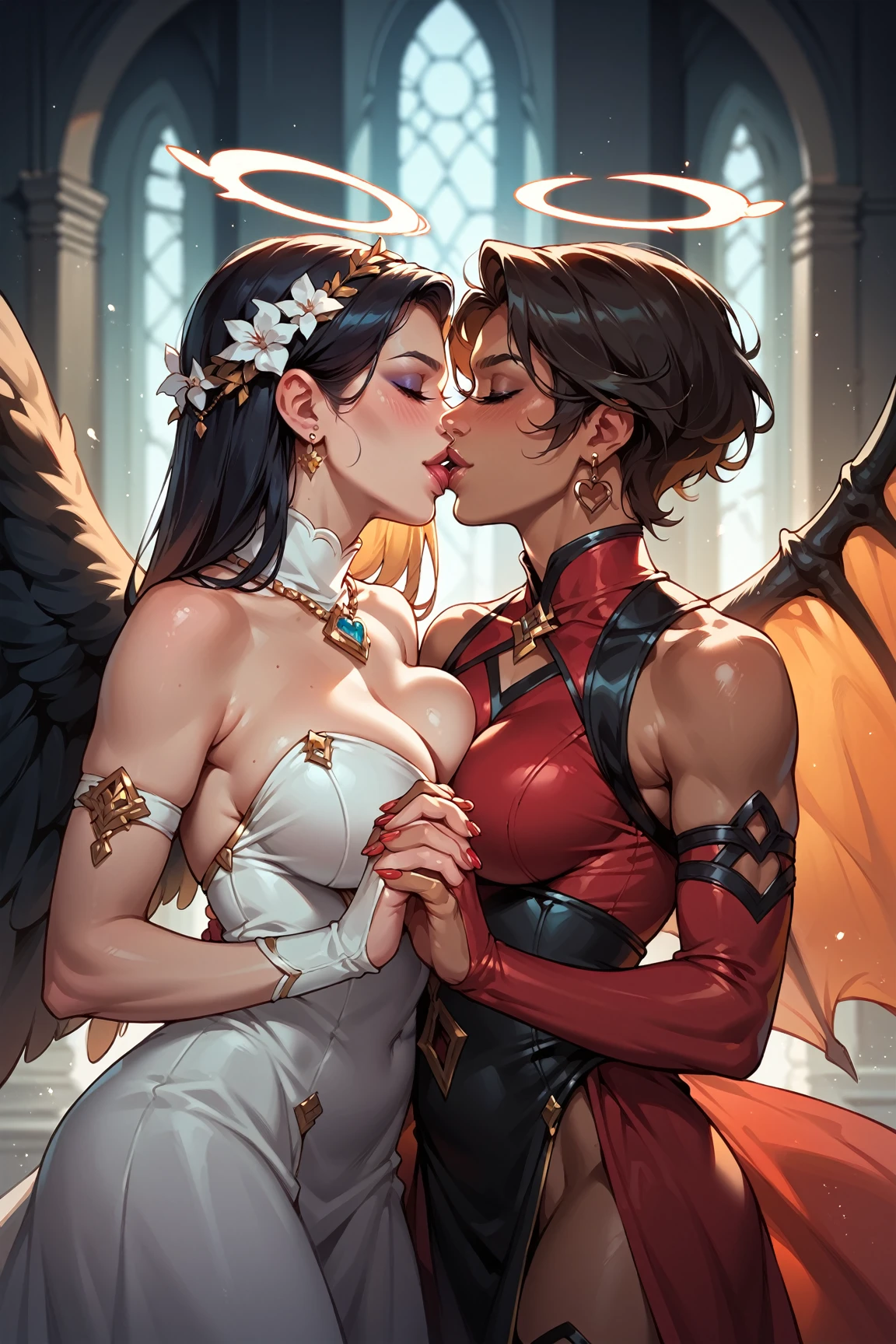 1 shinny black skin girl and 1 shinny white skin girl, (((kissing))), nsfw, 24yo, bikini armor, pointy ears, large breasts, prominent tits, beautiful face, detailed eyes, earrings, bellybutton piercing, body chains, rings,(masterpiece), (Very detailed CG unity 8K wallpaper), best quality, cinematic lighting, detailed back ground, day time, in bedroom, many candles in background, ((no bra)), gold jewelry