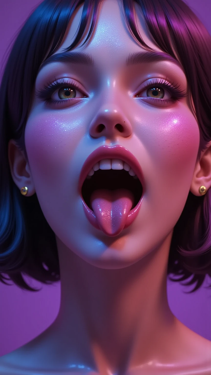 80’s glam rock makeup on shiny android face, asian girl, anime, 2.5D, Glittery face, moody lighting, (purples, pinks, and blues), iridescent face, abstract ai model, pretty, sexy, minimal, sleek, slender, asian, elegant, chic, futuristic, retro, sophisticated half human half machine, mouth open wide, ((((ahegao)))), orgasm, surprised expression, sticking out long tongue, 
