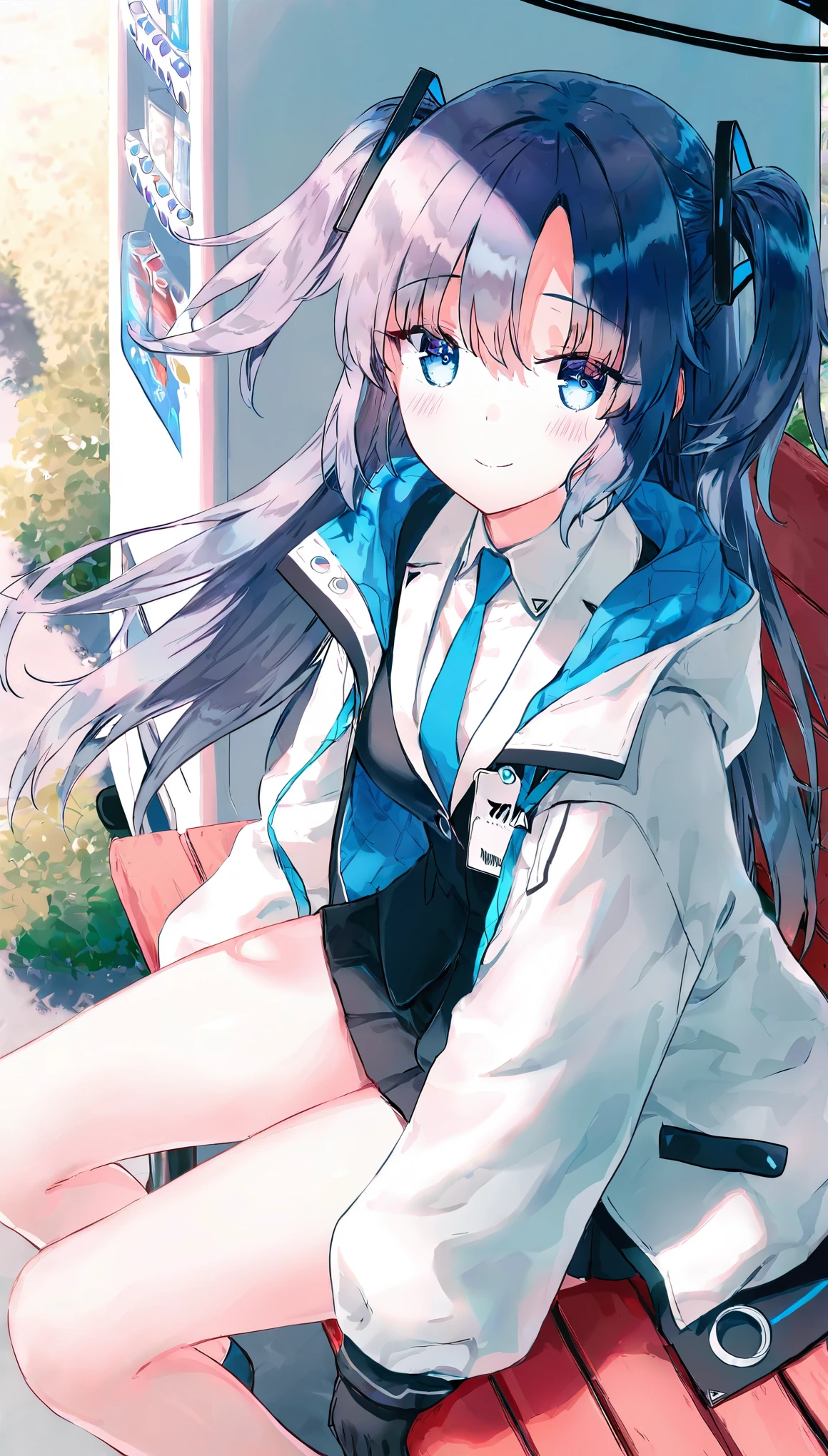 Masterpiece, best quality, highres,UHD, artist: hiten, 1girls, long hair, outdoors, bench, sitting, day, yuuka (blue archive), blue eyes, blue hair, halo, jacket, skirt, looking at viewer, floating hair, detailed backround, soft lighting, blush, smile, vending machine