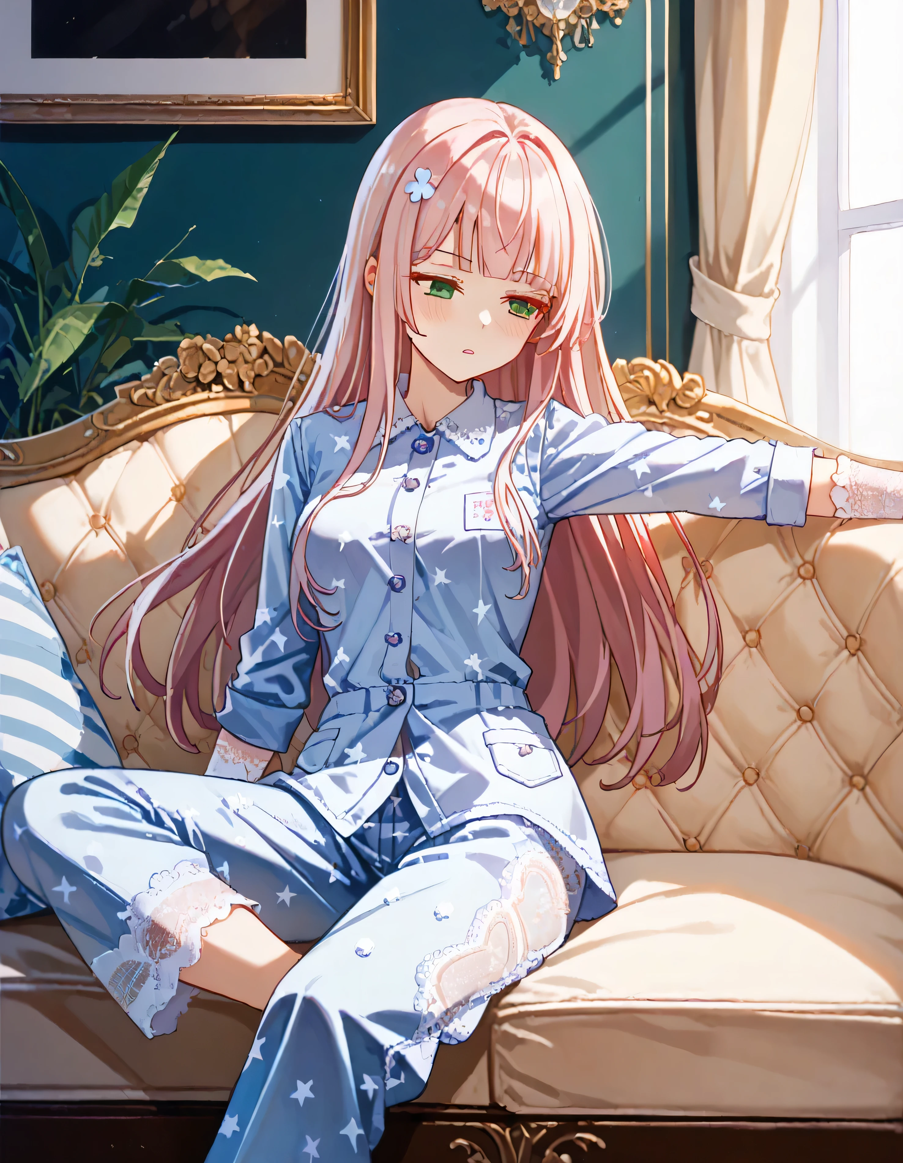 luzao\(EOE\),one girl,solo,best quality, masterpiece, ,,break,1girl,indoor,room,sitting on sofa,break, super detailed skin,very high resolution, very aesthetic, by famous artist, 8k, 16k,,beauty illustration,photoshop_(small),,best wallpaper,(green eyes:1.2,raised eyebrow),(pearl pink hair|Detailed hair|blunt bangs|shiny hair|knot up),(savy blue and white velvet pajamas,lace-trimmer pants,Army overcoat,),(e,elbow_gloves,lace-trimmed_gloves,stretching),(parted lips,blush),expressionless eyes, unconscious,empty eyes