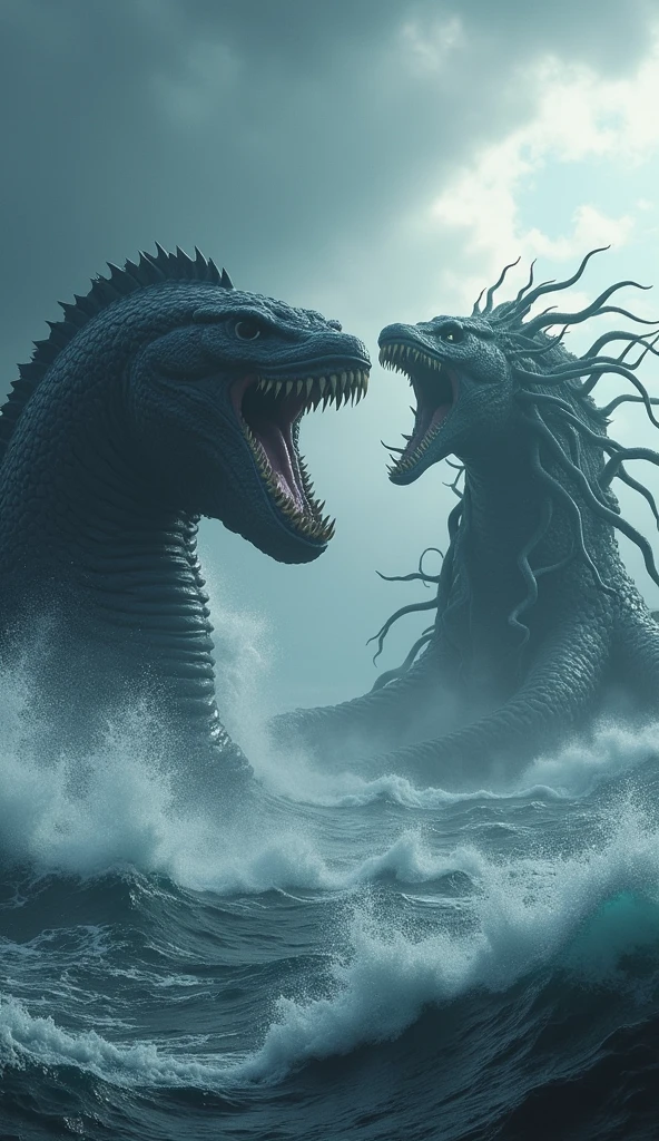 A battle between two colossal sea monsters in the middle of a stormy ocean, waves crashing around them as they clash, the sky dark and foreboding, cinematic and monstrous.