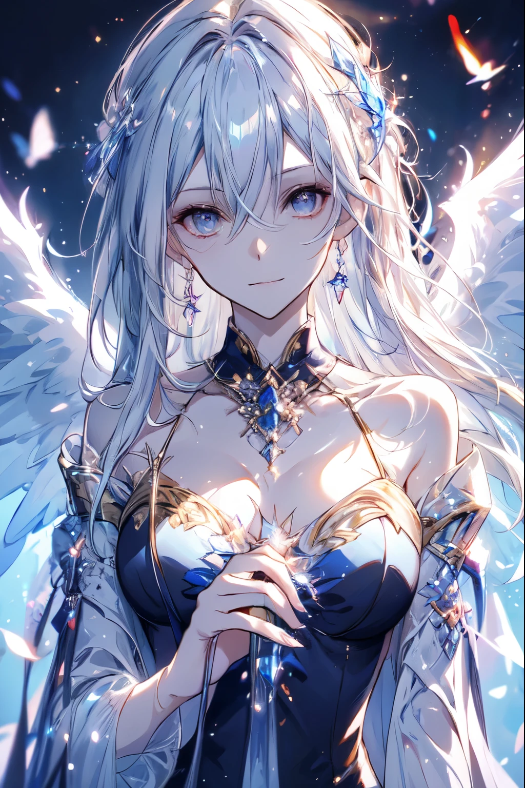 The angel is depicted with a pale and glowing cot has heterochromatic eyes.、Its skin seems to radiate an otherworldly glow。he、神性的象征、Decorated with a pair of shining Fair wings。这场景太精彩了.、It captures the beauty and mystery of these celestial bodies。Angelic、pale、glow、color、shine、A rare treasure、Brilliance、shine、Fair、wingspan 、神圣性、Fair、charming、beauty、mystery。
 Long hair ，Female Kirito ，Big breasts(d), Chest, 