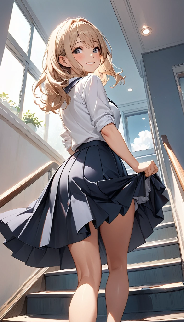 masutepiece, Best Quality, the Extremely Detailed CG Unity 8K Wallpapers, Sexy Witch , Long dark blonde wavy hair、 darkblue pleated skirt, Medium milk, hanging breasted, cleavage, Blushing, Shy laughter, Castle staircase、Looking up from the bottom of the stairs、Very embarrassing panic smile, turned around、bending forward、(The wind flipped my skirt and exposed my butt...........................、Touching the buttocks with both hands、Pink lace panties)、