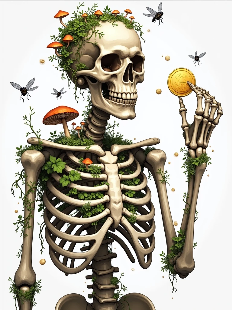 Skeleton in military uniform in a field with marijuana