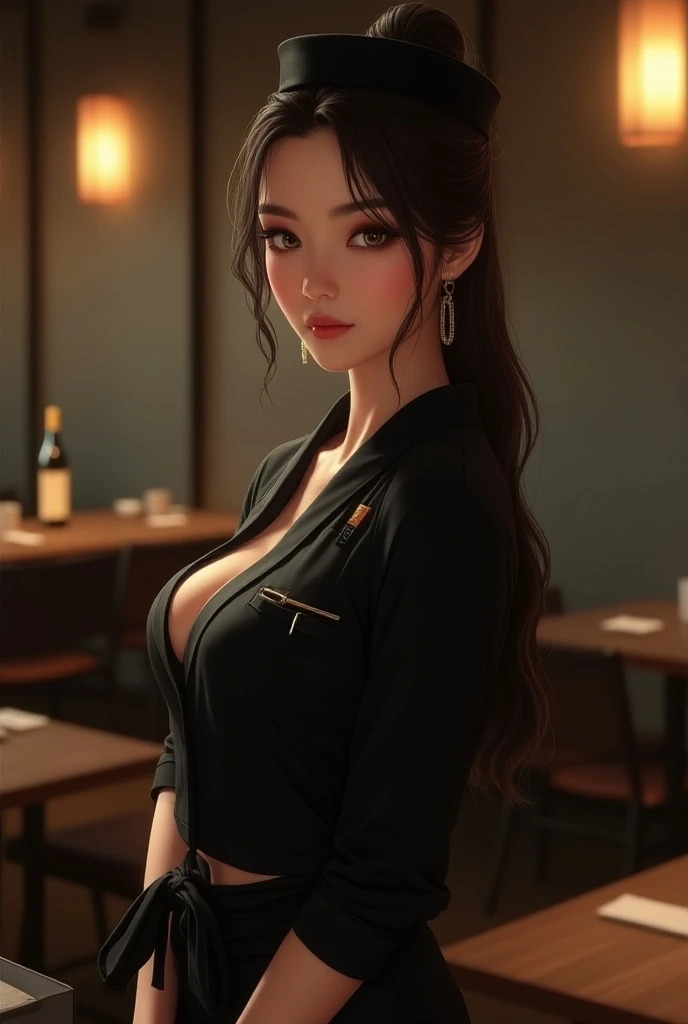 beautiful woman sitting next to me at the bar、Sexy Business Woman、Longhaire、耳环、ssmile、Slouched、Moody lighting、Take a seat at the counter、Blushing face、24 year old