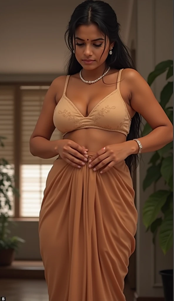 a 25-year-old man curiosily lifting the skirt of a radiant, full-figured South Indian 45 year old teacher wearing a net under skirt and blouse in dressing room, captured in a full-body image with vibrant hues and meticulous details. Full body image