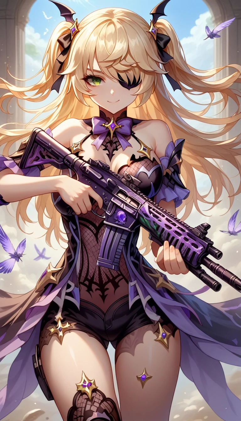 ultra-detailed, 1girl, fischl_\(genshin_impact\), ((masterpiece)), (best quality), (highres), 16K, eyepatch, green_eyes, blonde_hair, feathers, hair_ribbon, bangs, two_side_up, hair_over_one_eye, wearing tactical clothes, tactical belt, bootyshorts, knee pads, holding weapon, holding assault rifle, busty body, large breasts and a beautiful ass, showcasing cleavage, legs, hips, looking at viewer, smiling, detailed face, detailed hair, detailed whole body, streets background