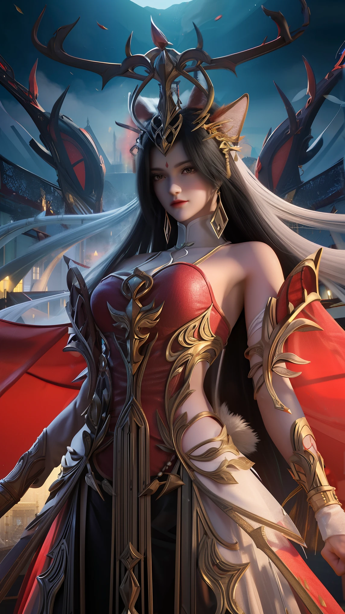 " An enigmatic witch from Perfect World with long dark hair ,  adorned with fox ears and tail ,  wearing a red costume with intricate details in gold and black .  She wields a magic staff decorated with draconic ornaments and a brilliant jewel . Her gaze expresses power and confidence ,  while the dynamic posture suggests an enchantment in action .  The background includes a village with traditional Chinese architecture and red lanterns floating in the wind, Creating a magical and immersive atmosphere."