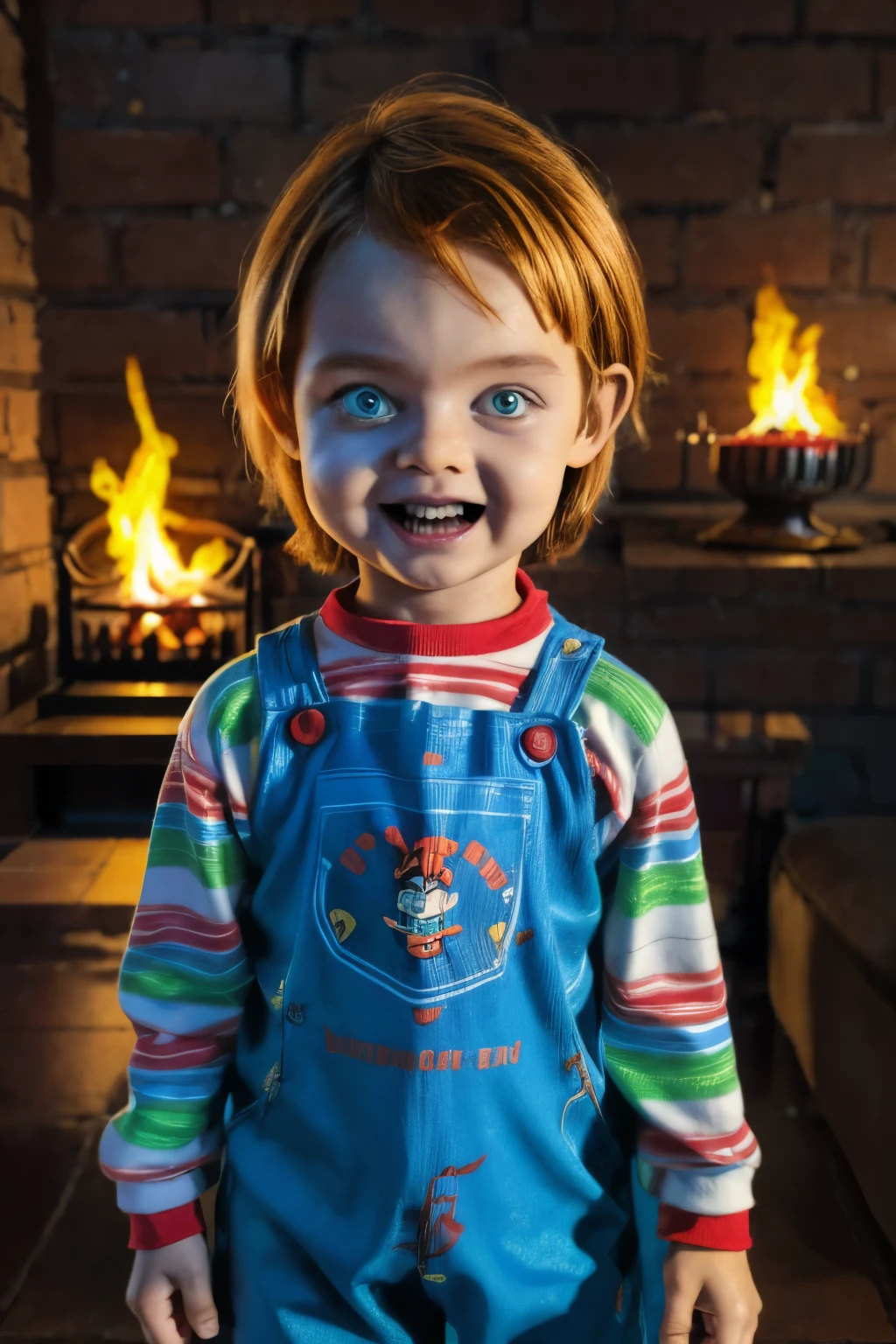 ((( Comic ART, Cartoon style))). Master piece, best quality, 4K, ((cinematic lighting)). Create a scene featuring a  boy , ***, dressed as the character Chucky from the ''s Play' movie series. He is standing, looking at the viewer with an evil expression, holding a machete. Make it realistic and highly detailed. ((Burning farmhouse Background)).