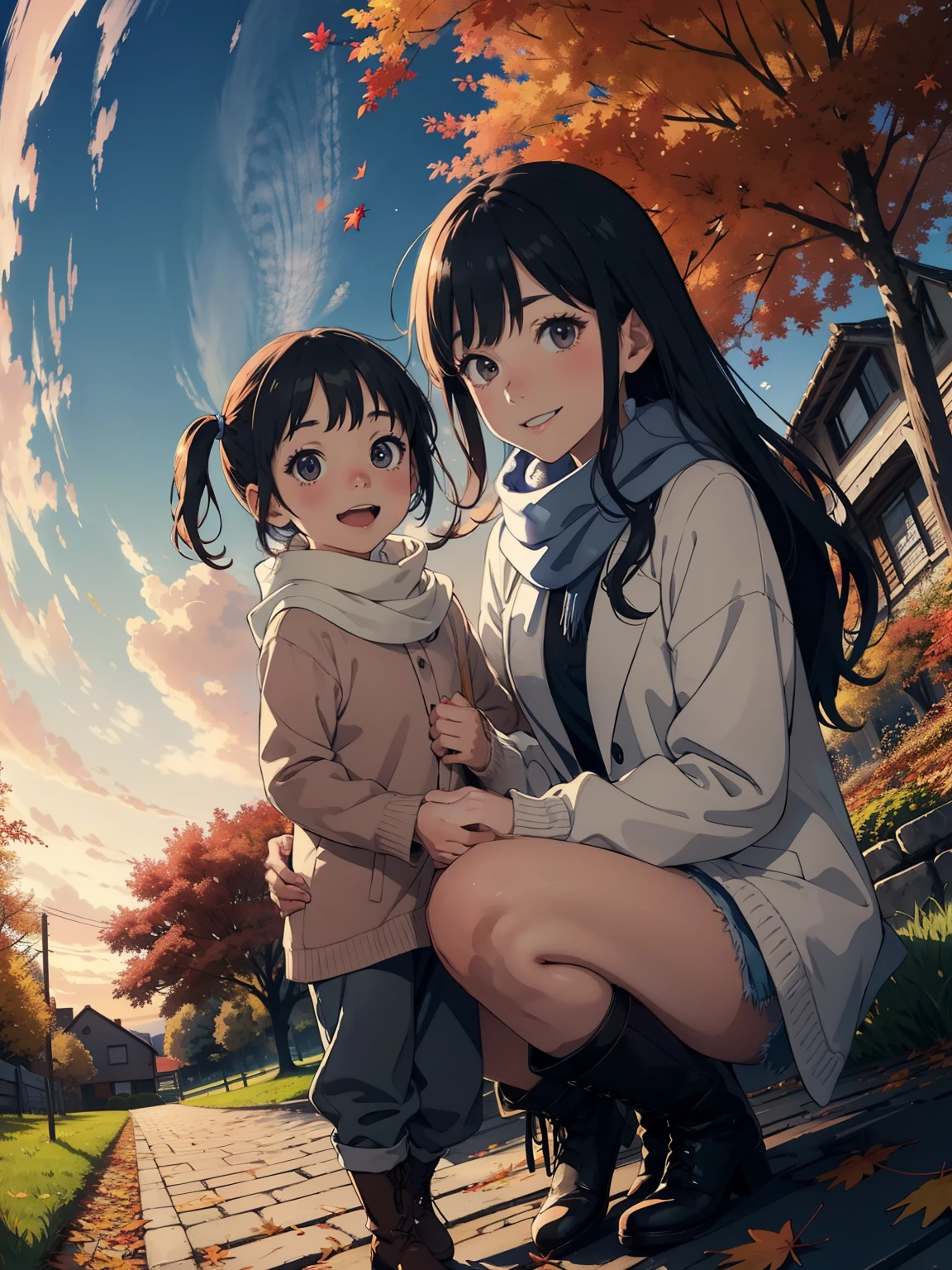 masterpiece， Best Quality ， High image quality ，( super flat ,  flat shading  )， Fisheye Lens ， beautiful young mother and cute daughter，  warm scarf， (naked)，Long Hair， boots, smile, smile，White Breath，fun, play，White Breath，Autumn park garden， fall leaves for vaginal discharge，Autumn sky，dusk， Beautiful Sunset ，Wide angle， Vivid Colors，watercolor, Ghibli style，Strong winds， girl&#39;lure，