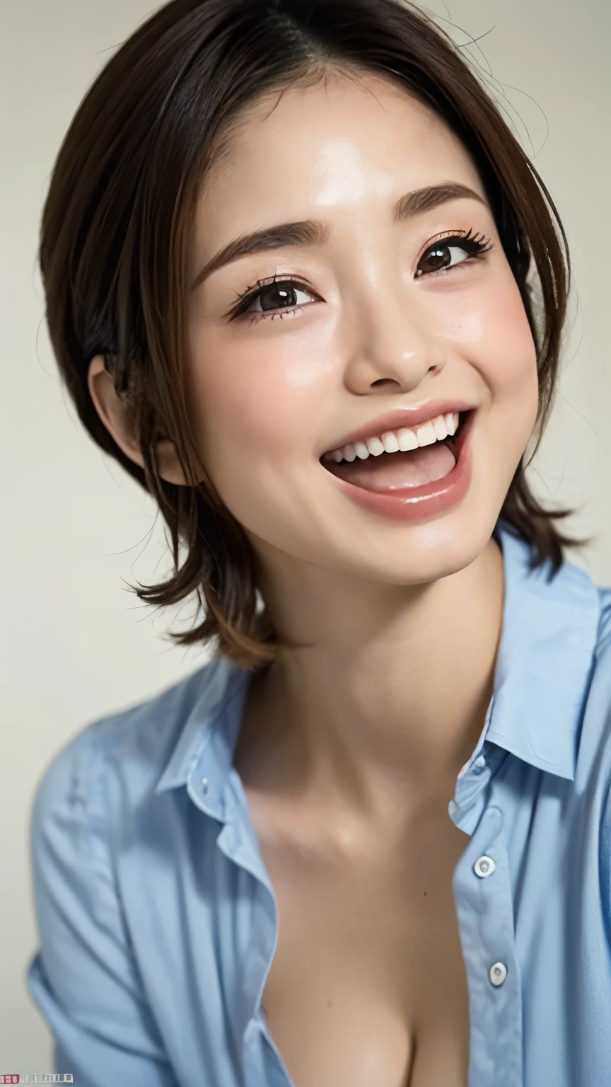 (masterpiece:1.3), (In 8K、 super high definition、 Ultra High Definition、 Ultra HD、超Realisticな、 best quality), (realistic - photo ), highdefinition RAW color photo, professional photos , Natural sunlight, Soft Shadows, (Realistic: 1.4), Women、1 person, ( high definition face and skin texture , beautiful eyes, shiny skin, oily skin , Strong gloss), perfect anatomy, Poster, Volumetric Lighting , ( face close-up:1.1), ( stares at the viewer), Attractive face, (Makeup is、none), (Squint your eyes:1.5、Ahegao:1.5, open lips), Women、 and smiles , ( beautiful smile:1.1), beautiful alignment of teeth, open her mouth and stick out her tongue , Anatomically correct tongue, (Open your mouth and stick out your tongue:1.2), (Perfect beautiful tongue:1.2), Black Hair, (straight bob hair 、bangs), detailed hair, Beautiful Hair, anatomically accurate breasts, huge breasts, Bust、Very huge, saggy breasts, Deep cleavage, Thin glasses, secretary, (Business shirts, See-through shirt), black bra, (Embrace your chest, Leaning Forward )