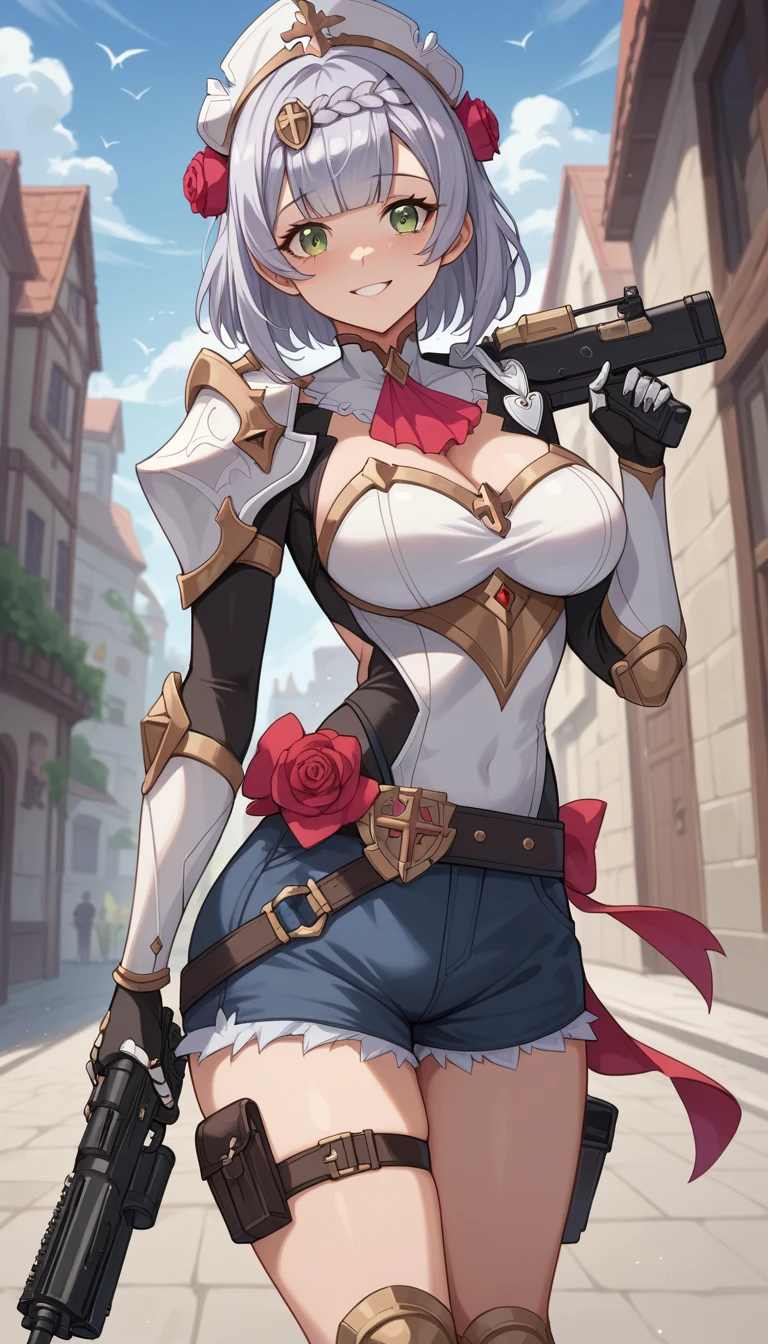 ultra-detailed, 1girl, noelle \(genshin impact\), (\nuo ai er\), ((masterpiece)), (best quality), (highres), 16K, green eyes, short hair, hair flower, hair ornament, braided bangs, grey hair, bangs, wearing tactical clothes, tactical belt, bootyshorts, knee pads, holding weapon, holding assault rifle, busty body, large breasts and a beautiful ass, showcasing cleavage, legs, hips, looking at viewer, smiling, detailed face, detailed hair, detailed whole body, streets background