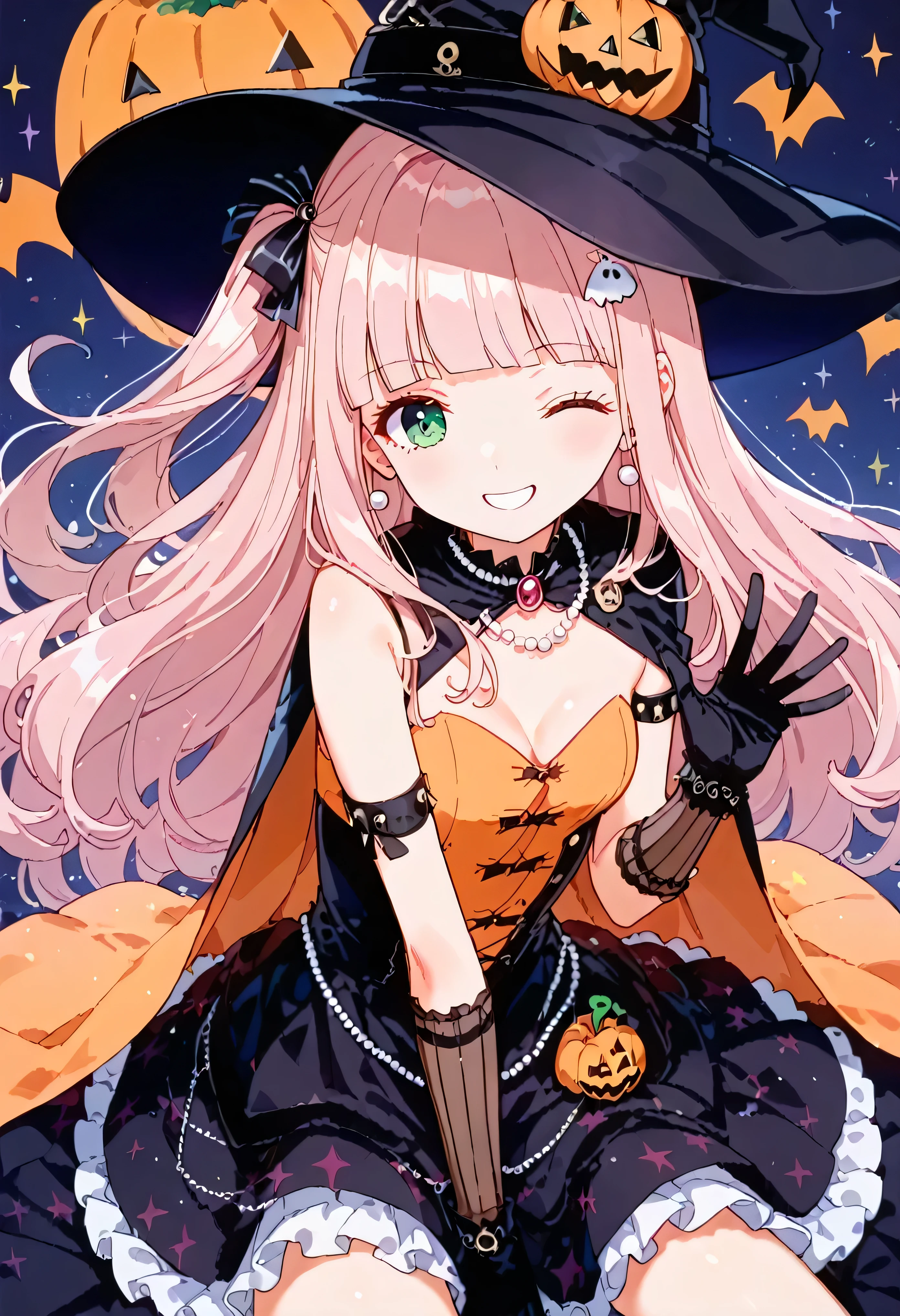 luzao\(EOE\),one girl,solo,best quality, masterpiece,halloween theme ,,break,1girl,at night,(blur background),,break, super detailed skin,very high resolution, very aesthetic, by famous artist, 8k, 16k,,beauty illustration,photoshop_(small),,best wallpaper,,(green eyes,one eye closed),(pearl_pink hair|Detailed hair|blunt bangs|shiny hair|long hair|side ponytail),(white ta dress,orange crop cloak,long gloves,large black witch hat,orange cravat,curly frills),(waving hands,smile),POV,front squat