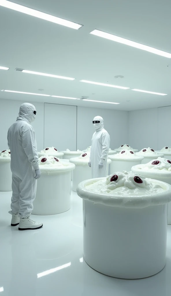 in a lab, There is a large round tank of pink slime, In the tank emerges two beautiful young adult European brown-haired women naked, She is asleep and sitting, showing her beautiful body, huge breasts, There are scientists and machines on one side,hyperrealistic quality image, There is a sign hanging that says "CLONING FACILITY", Excellent lighting, high resolution