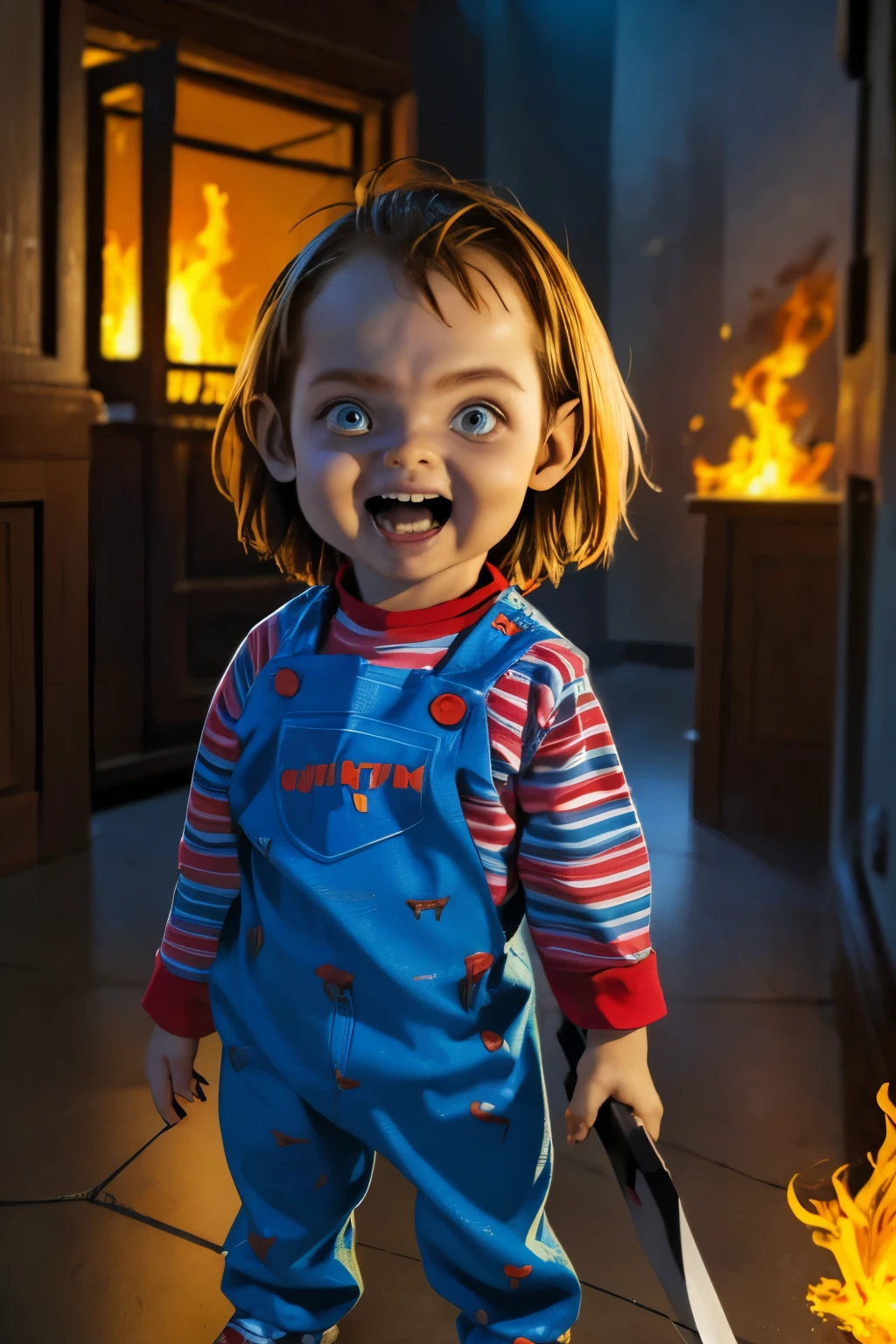 ((( Comic ART, Cartoon style))). Master piece, best quality, 4K, ((cinematic lighting)). Create a scene featuring a  boy , ***, dressed as the character Chucky from the ''s Play' movie series. He is standing, looking at the viewer with an evil expression, holding a machete. Make it realistic and highly detailed. ((Burning farmhouse Background)).