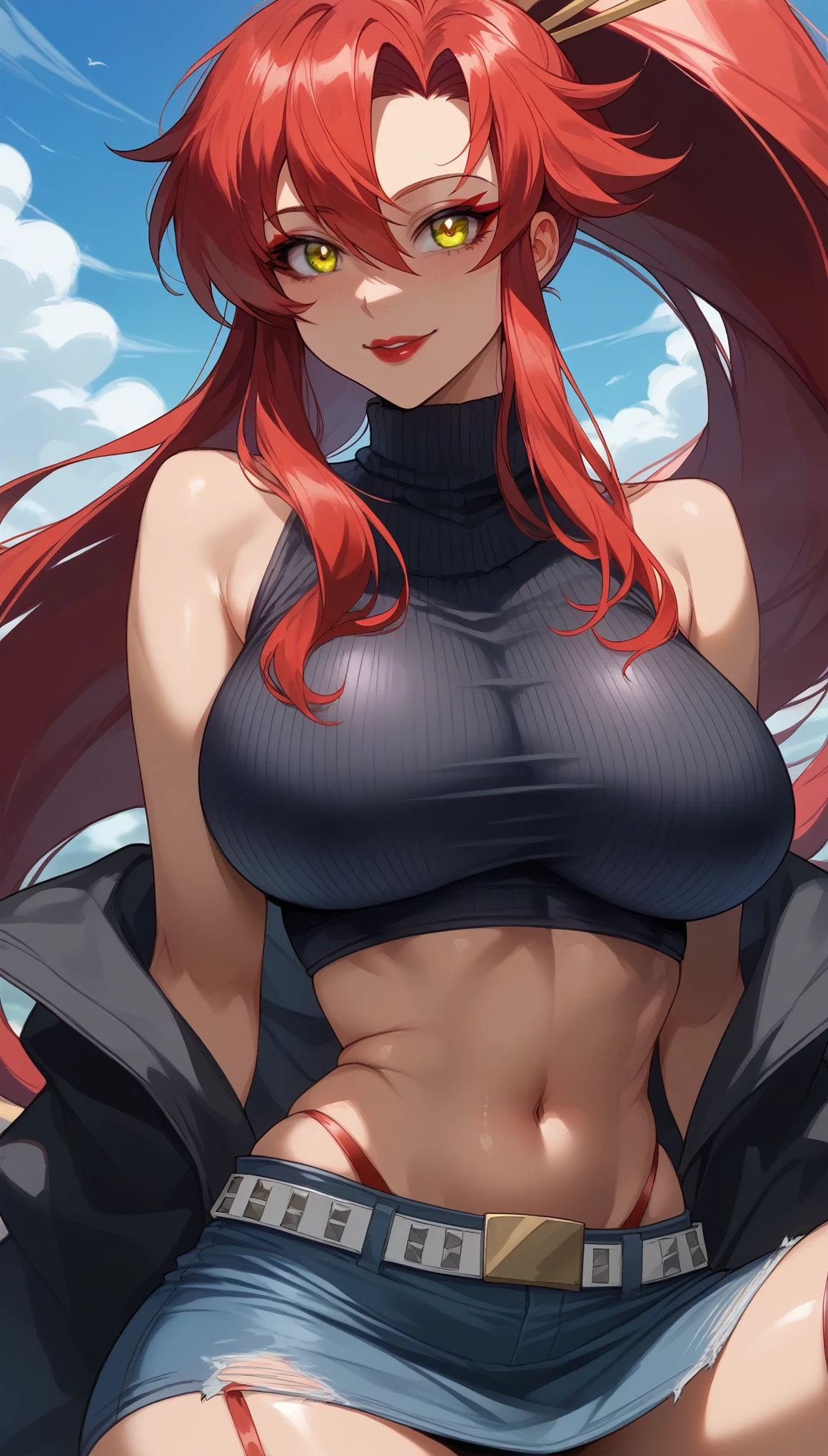  perfect eyes、 perfectly sexy face、Ultra Detailed、 golden eyes、Yoko Littner、Tengen Toppa Gurren-Lagann、shiny hair、( Big breasts ), black shirt、black jacket、Tight Waist、thin waist、dark blue denim skirt、 Thigh straps 、shiny skin、 tanned skin 、Beleza、erotic、Red Eyeliner、 red lips、wicked smile、 looking at the viewer 、
