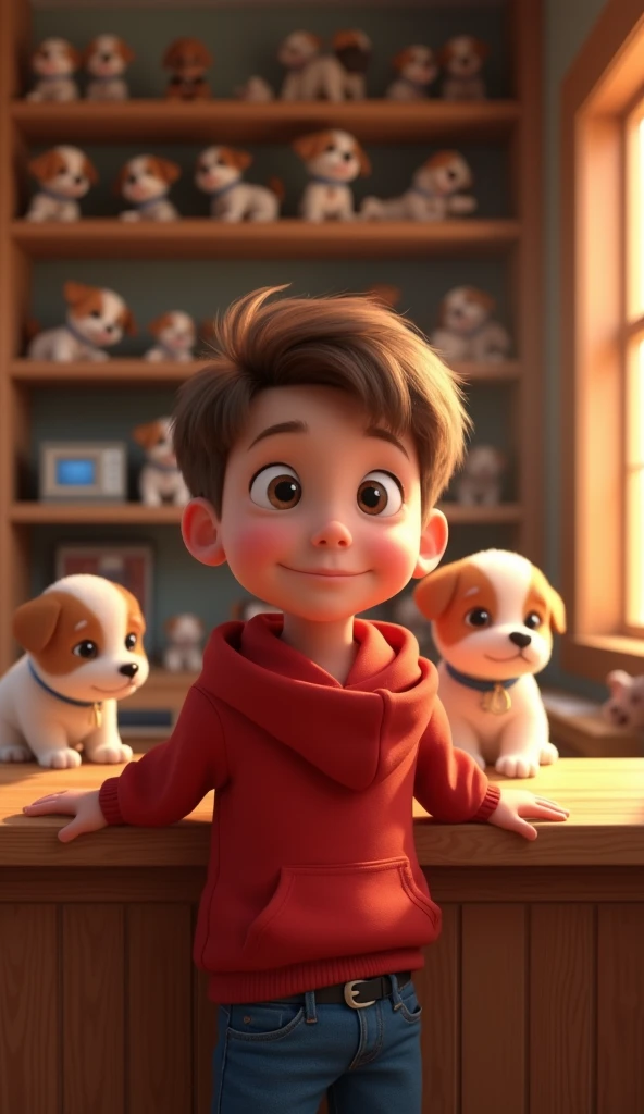 Prompt 3:
Create a Disney Pixar style close-up shot of a young boy with short brown hair, wearing a red hoodie and blue jeans, standing eagerly in front of the puppy shop counter. His eyes are wide with curiosity as he looks at the puppies. The setting is the same cozy shop with wooden shelves and puppy cages in the background. The boy’s hands are resting on the counter, and he has an excited expression. The point of view is over the boy’s shoulder, showing the counter and some of the puppies in the background. The lighting should be soft, with the warmth of sunlight creating a happy, hopeful atmosphere. The mood is innocent and curious, with a slight sense of wonder. The background shows the playful puppies behind the counter.