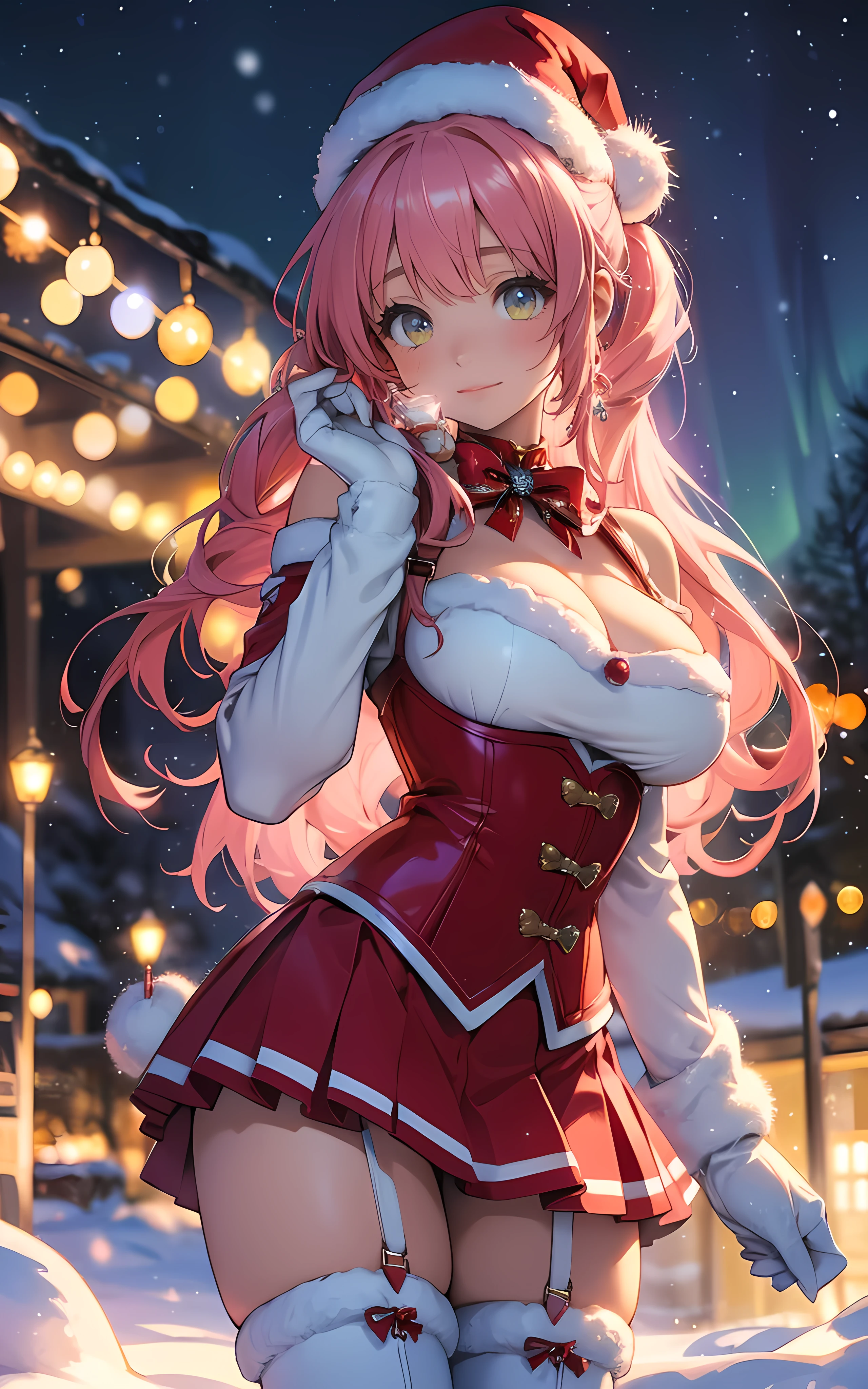 a beautiful young magical girl with extremely large breasts, cleavage, tight red corset, red skirt with white fluffy hem, red santa hat with small bell at the end and fluffy white rim, white stockings with thigh-high red leather high-heeled boots, long wavy pink hair in a ponytail, extremely detailed, photorealistic, 8k, highest quality, intricate magical effects, sparkling christmas lights, beautiful starry night sky, ((aurora borealis)), (snowing), (snow flakes in the foreground), christmas, cinematic lighting, magical, festive, vibrant colors, digital art, she is on the right side of the image, (((blurred background))), holding a christmas present.