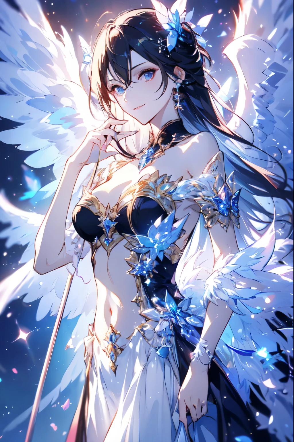 The angel is depicted with a pale and glowing cot has heterochromatic eyes.、Its skin seems to radiate an otherworldly glow。he、神性的象征、Decorated with a pair of shining Fair wings。这场景太精彩了.、It captures the beauty and mystery of these celestial bodies。Angelic、pale、glow、color、shine、A rare treasure、Brilliance、shine、Fair、wingspan 、神圣性、Fair、charming、beauty、mystery。
 Long hair ，Female Kirito ，Big breasts(d), Chest, 